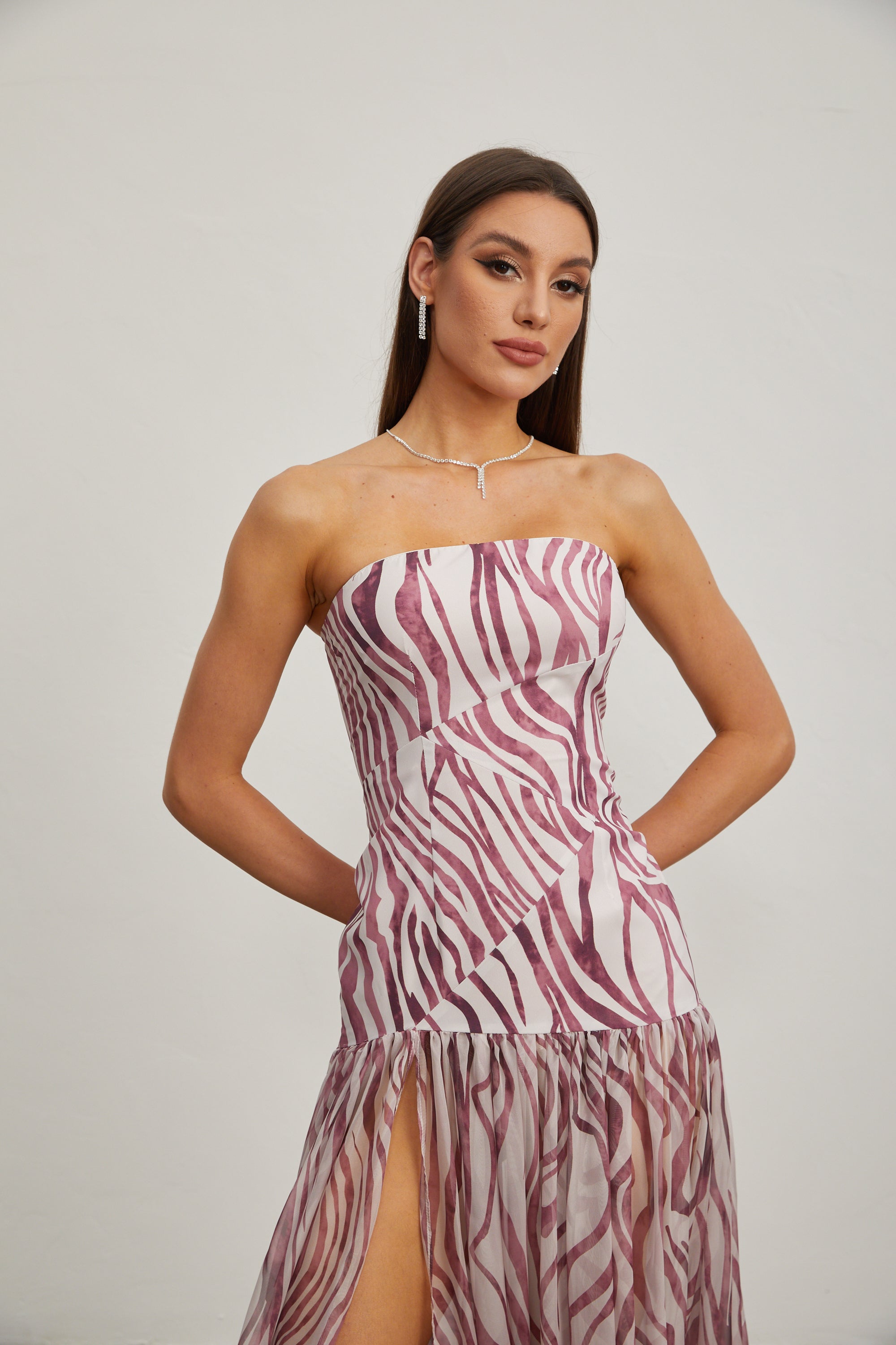 Giselle Rose Zebra Print Strapless Maxi Dress