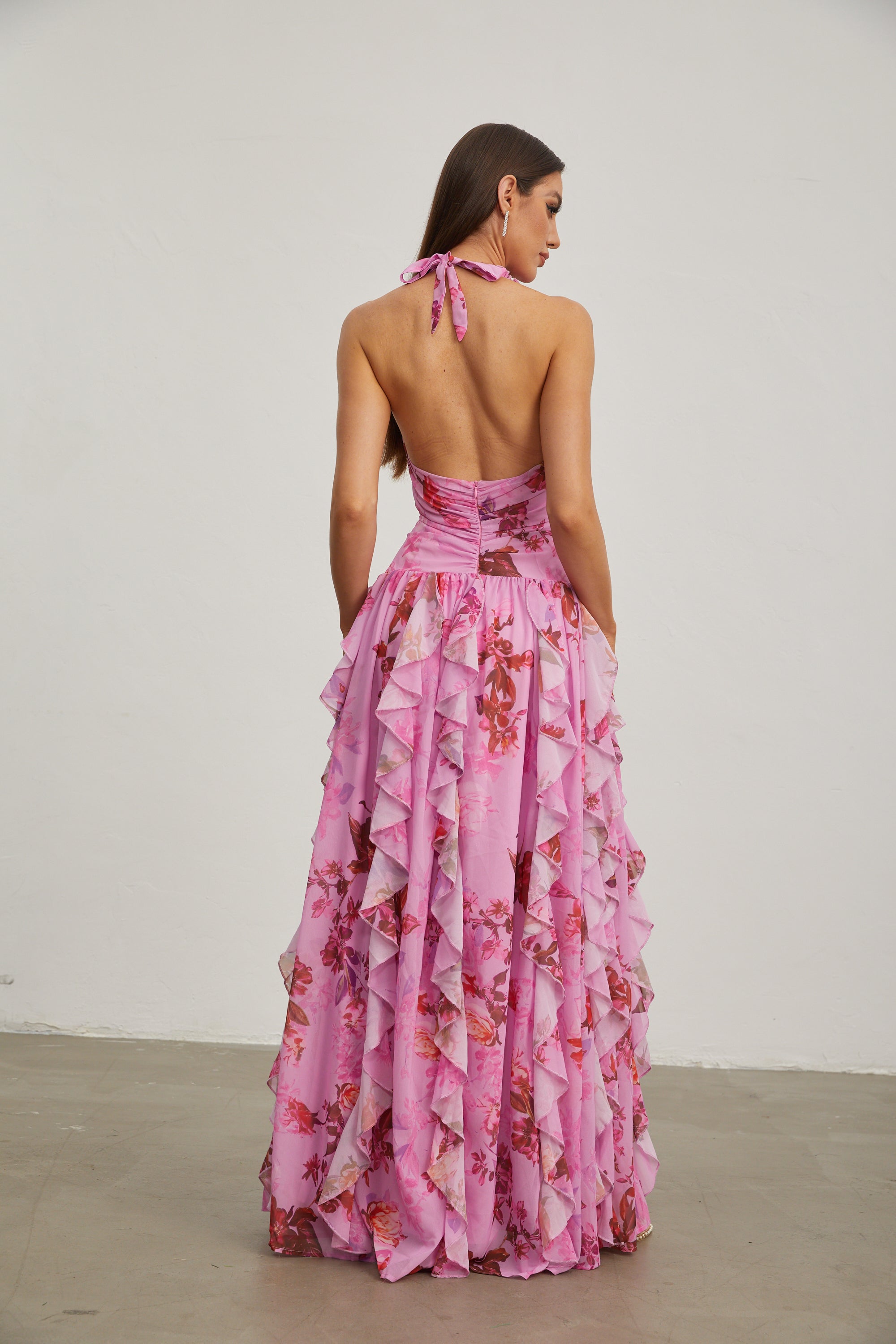 Eulalie Pink Petal Ruffled Halter Maxi Dress