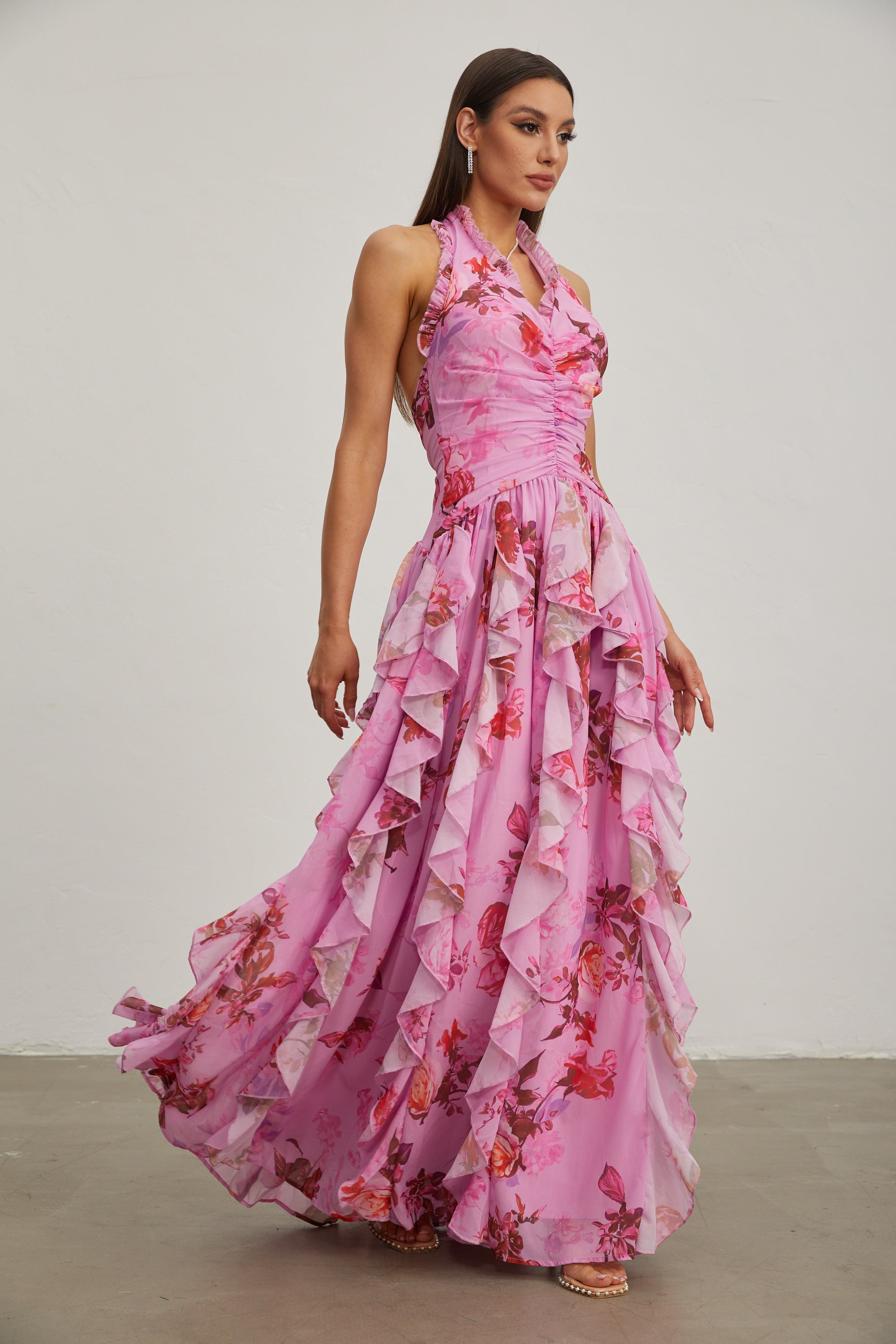 Eulalie Pink Petal Ruffled Halter Maxi Dress
