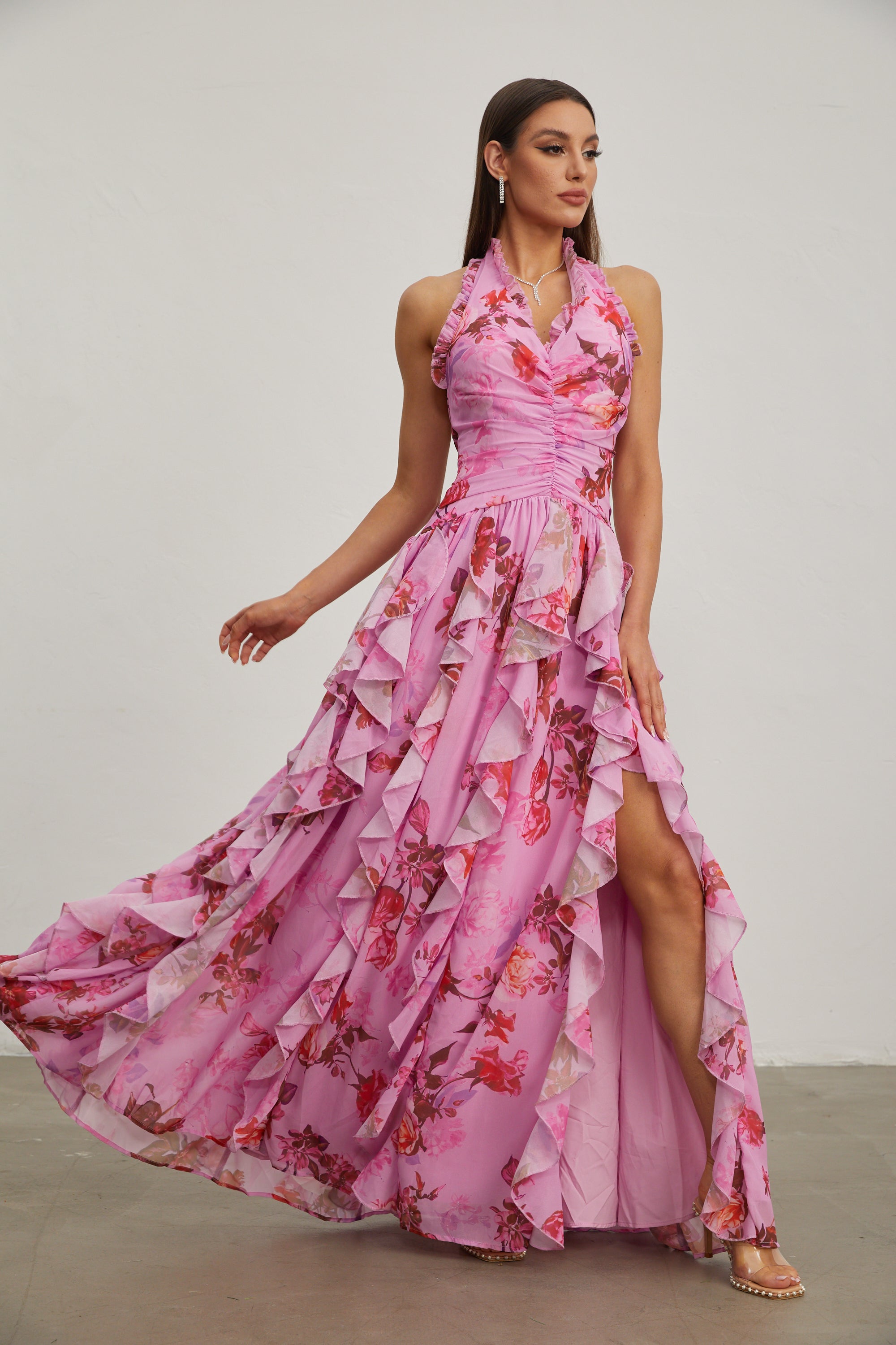 Eulalie Pink Petal Ruffled Halter Maxi Dress