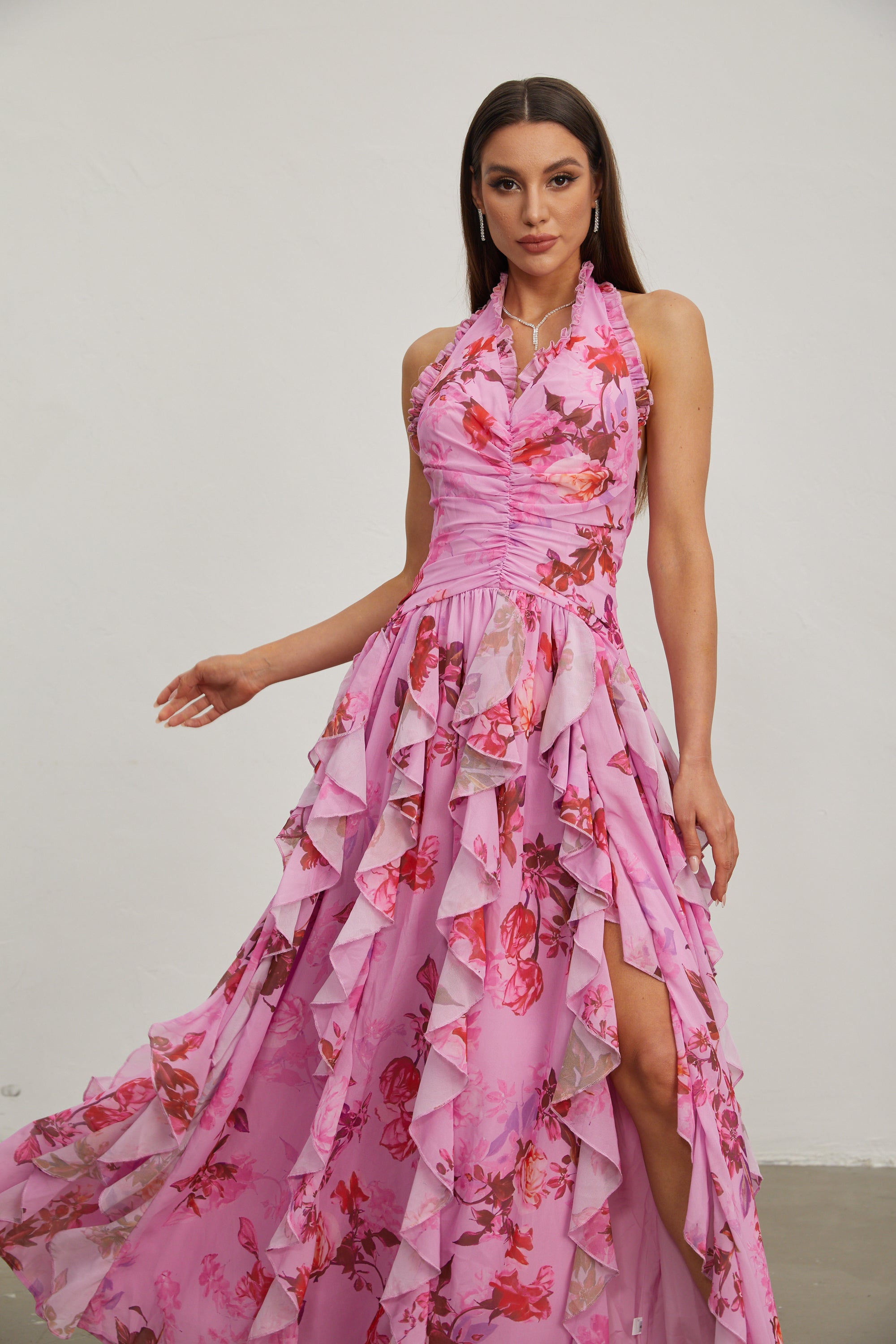 Eulalie Pink Petal Ruffled Halter Maxi Dress