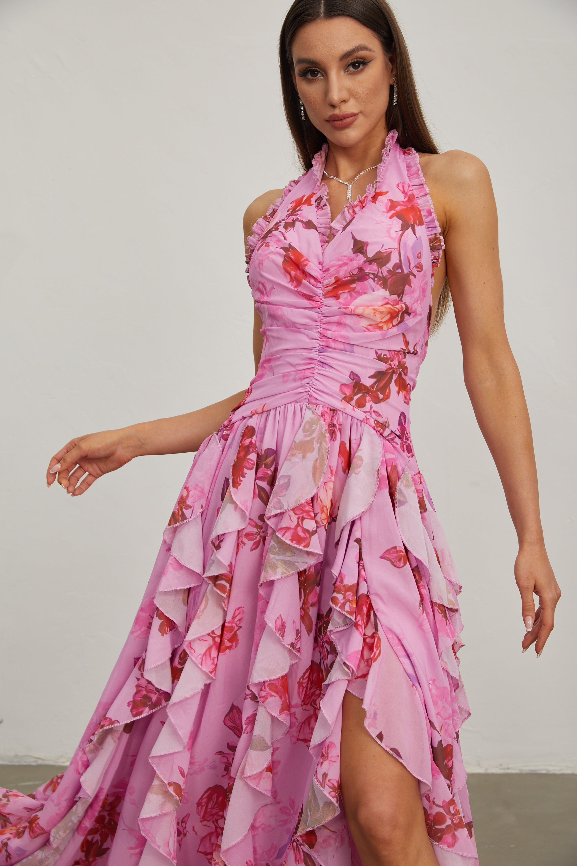 Eulalie Pink Petal Ruffled Halter Maxi Dress