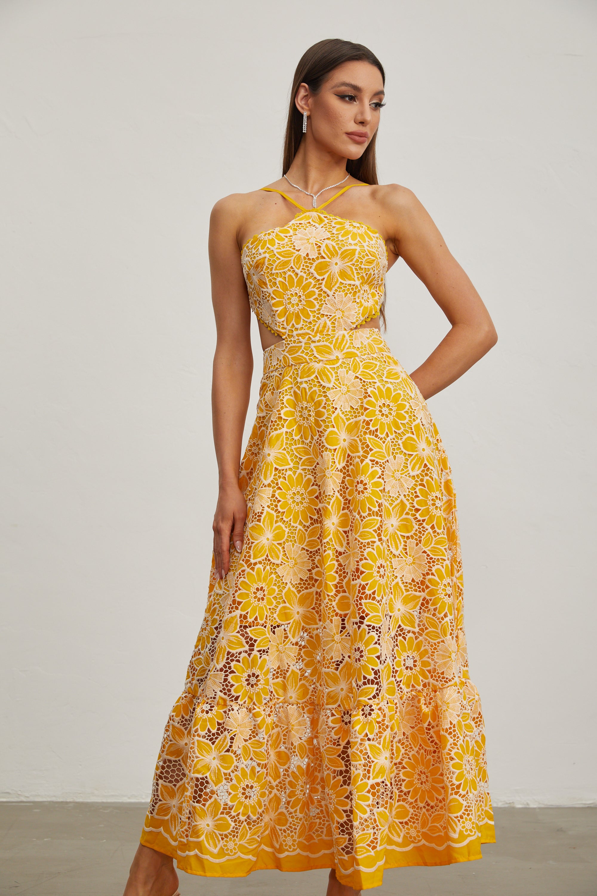 Michaelia Yellow Cut Out Halter Maxi Dress