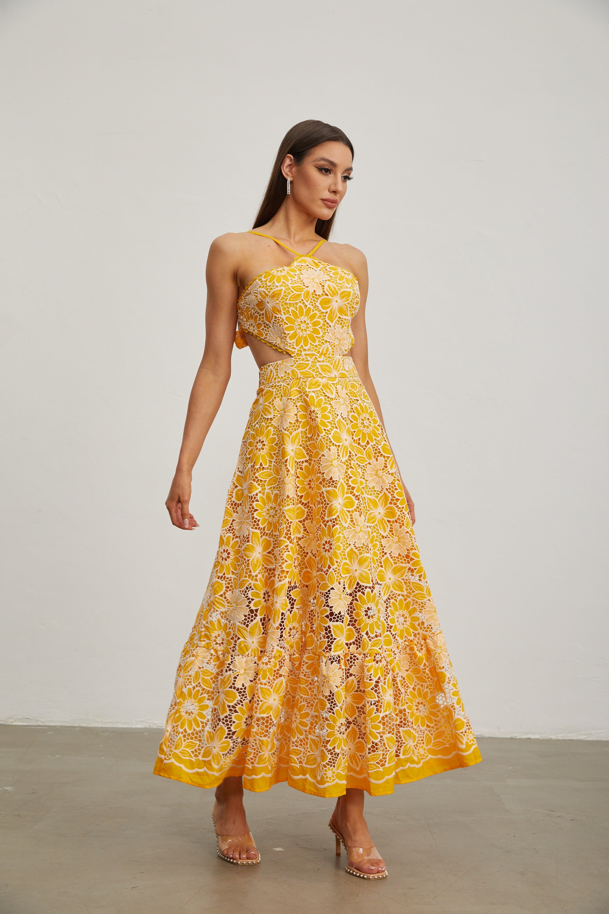 Michaelia Yellow Cut Out Halter Maxi Dress