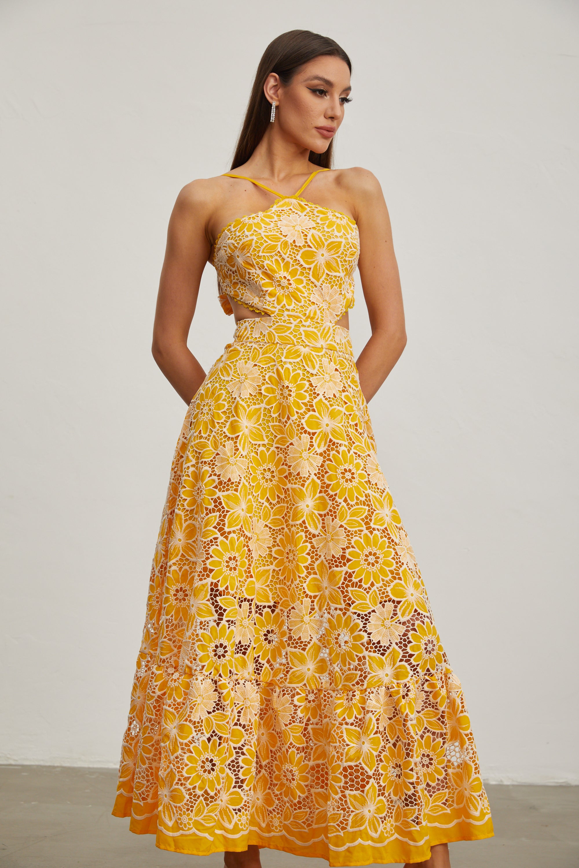 Michaelia Yellow Cut Out Halter Maxi Dress