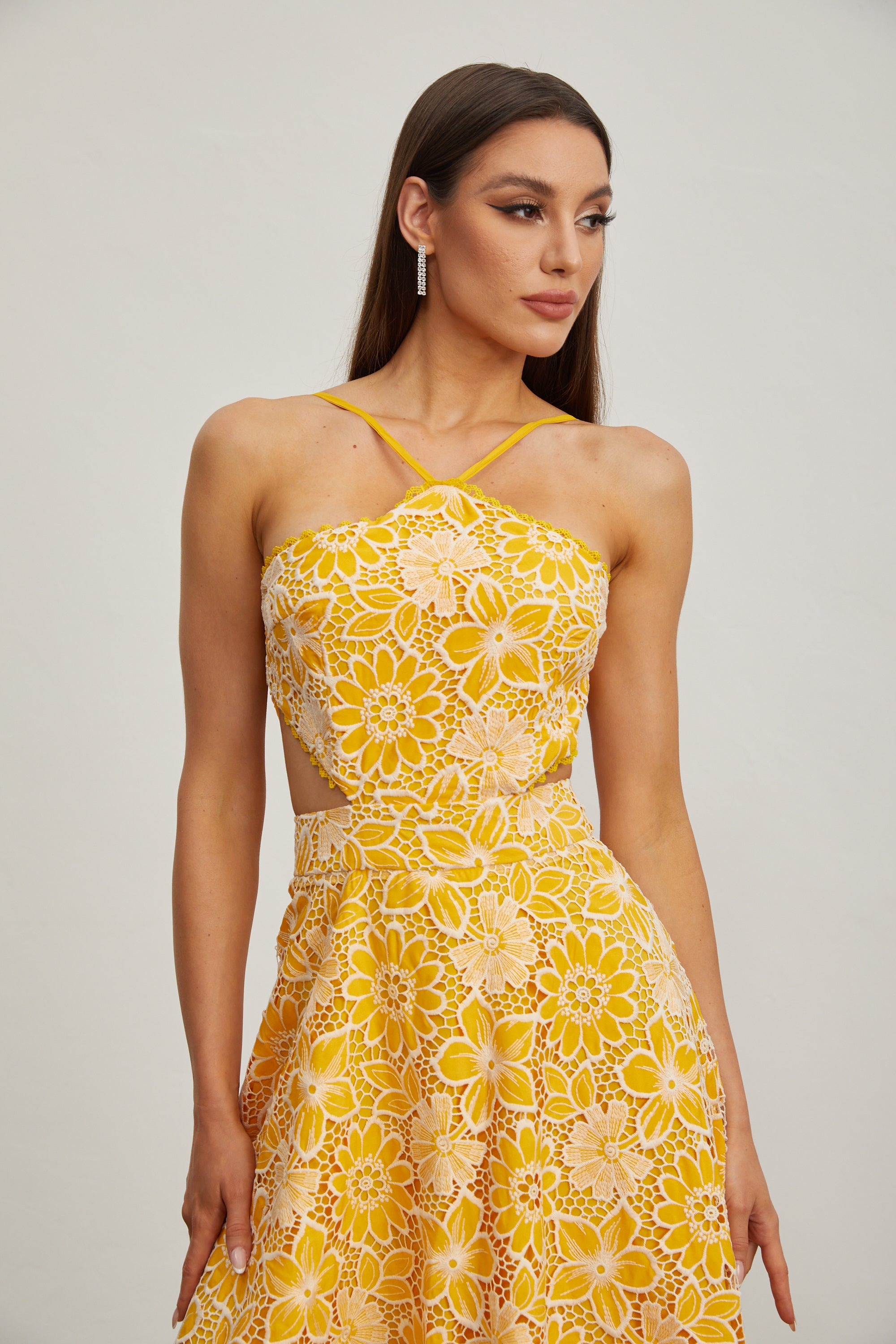 Michaelia Yellow Cut Out Halter Maxi Dress