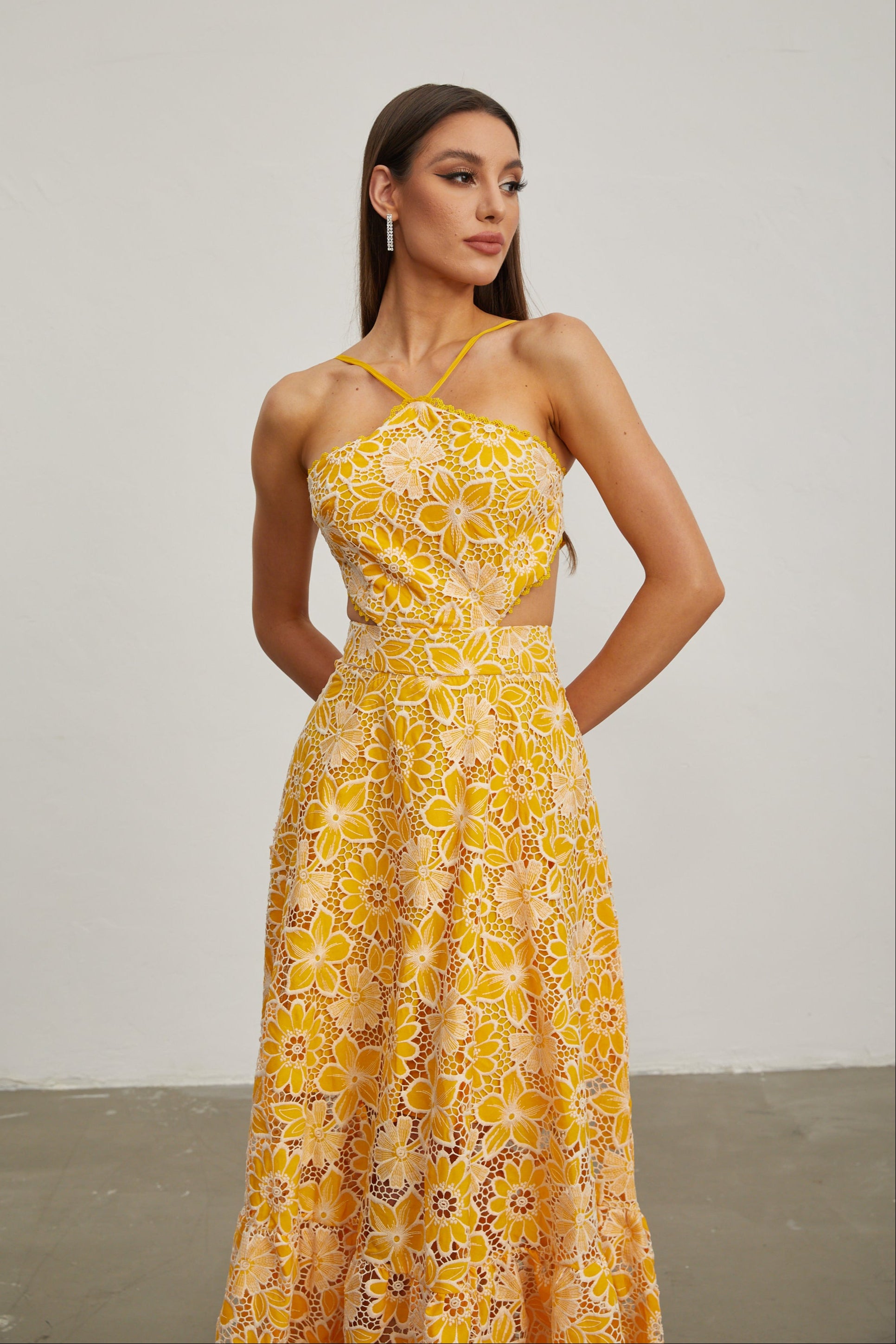 Michaelia Yellow Cut Out Halter Maxi Dress