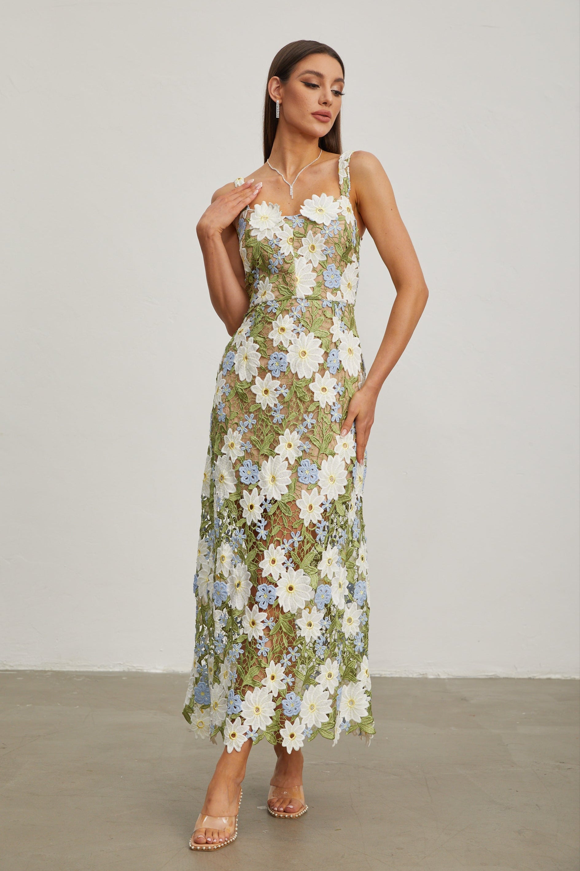 Denisa Botanica Sleeveless Embroidered Midi Dress