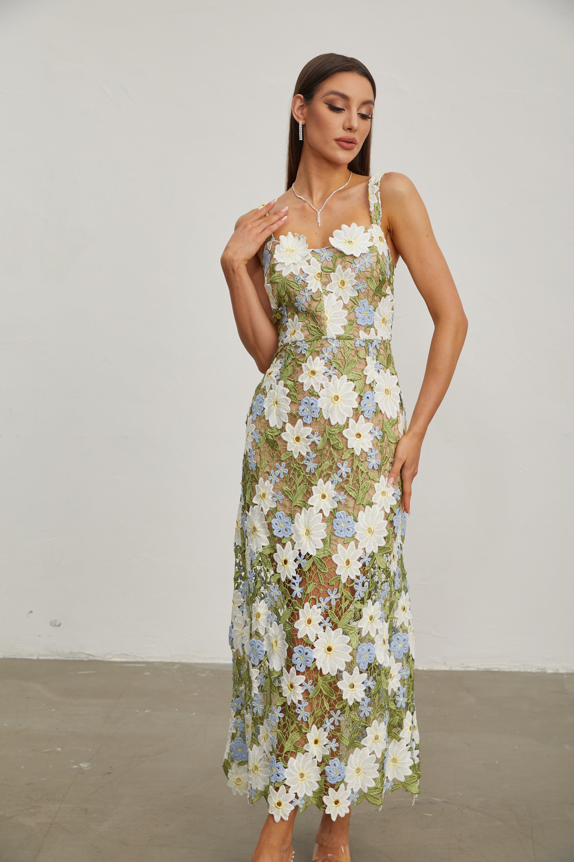 Denisa Botanica Sleeveless Embroidered Midi Dress