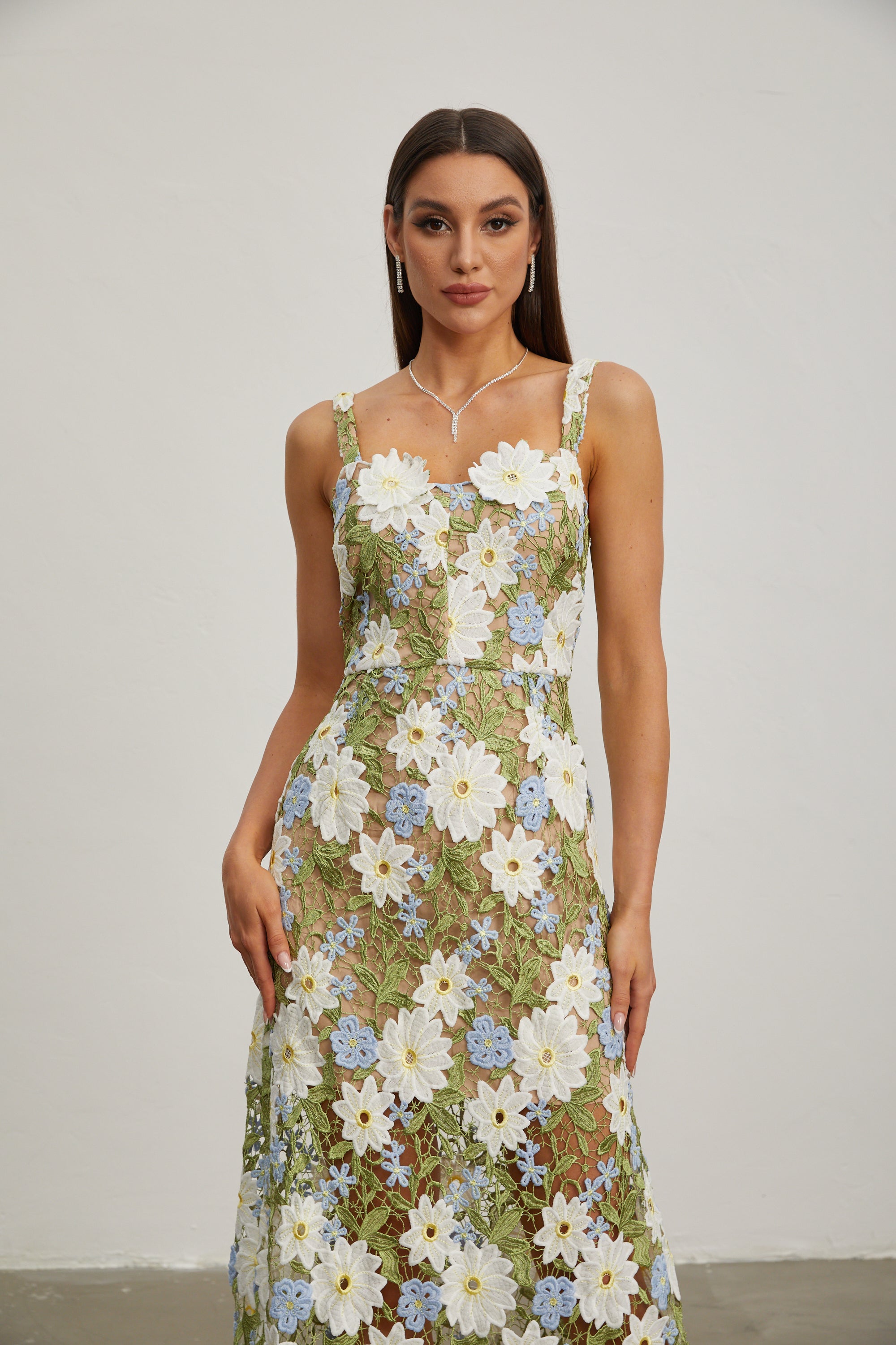 Denisa Botanica Sleeveless Embroidered Midi Dress