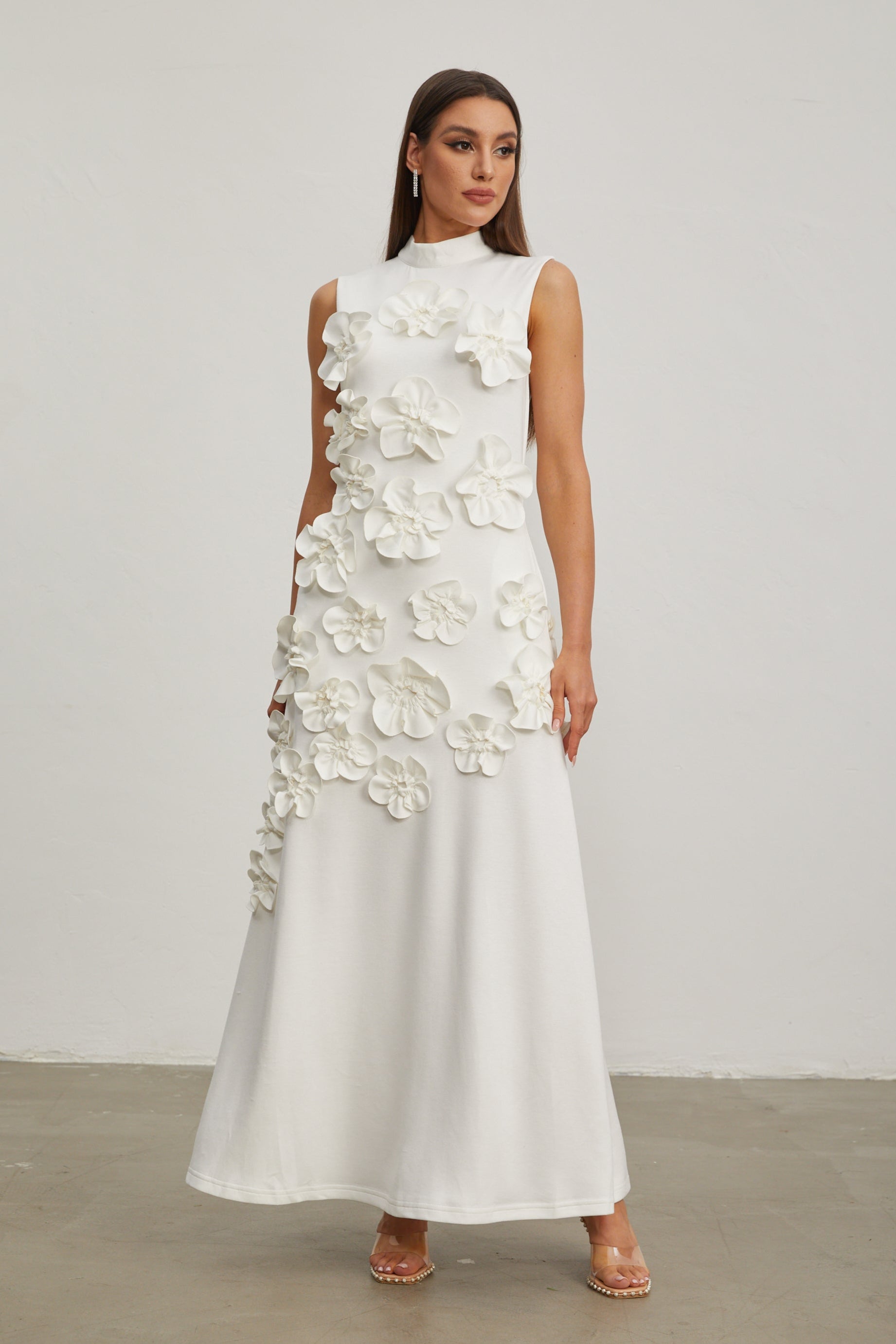 Liora White Rose Flower Maxi Dress