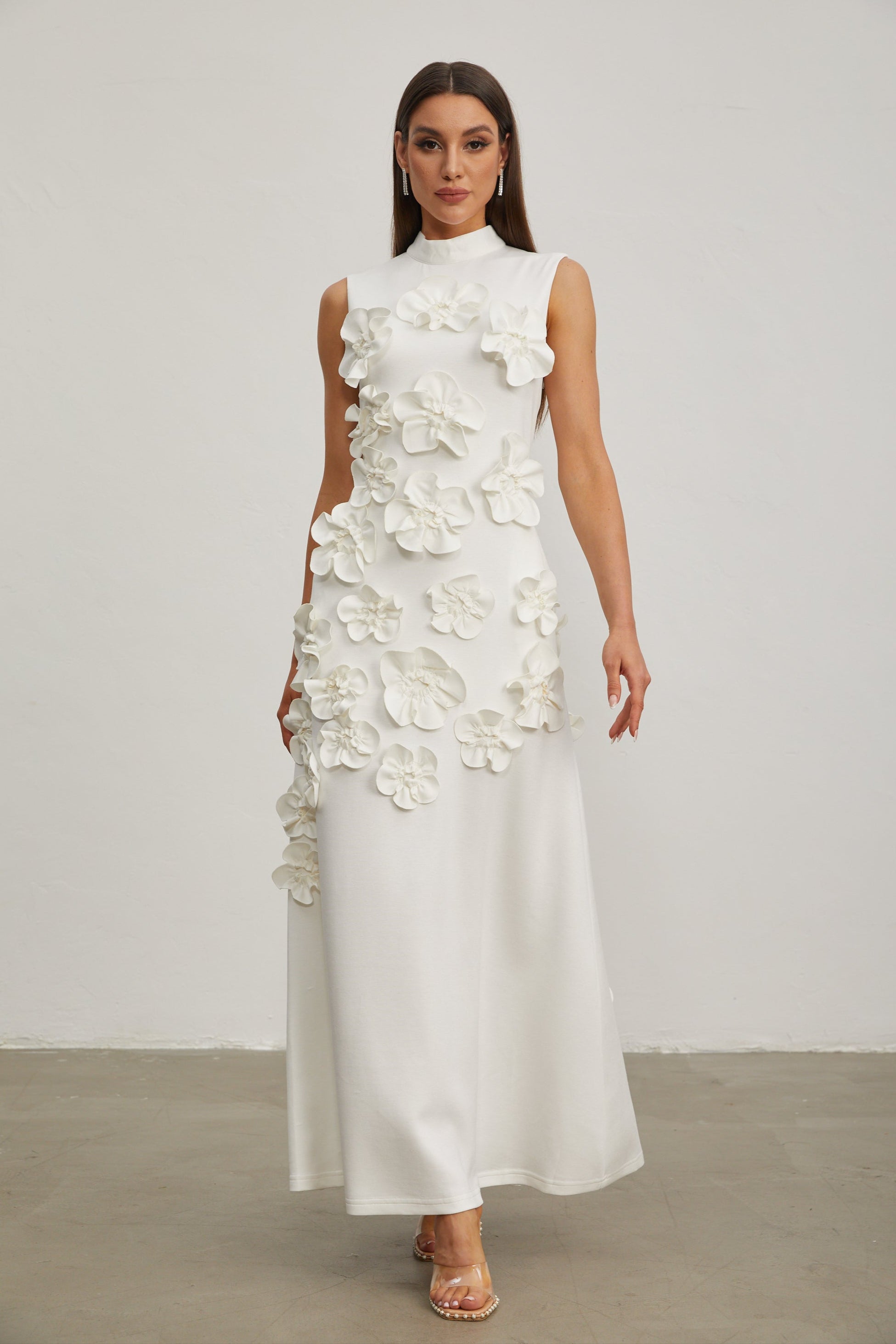 Liora White Rose Flower Maxi Dress