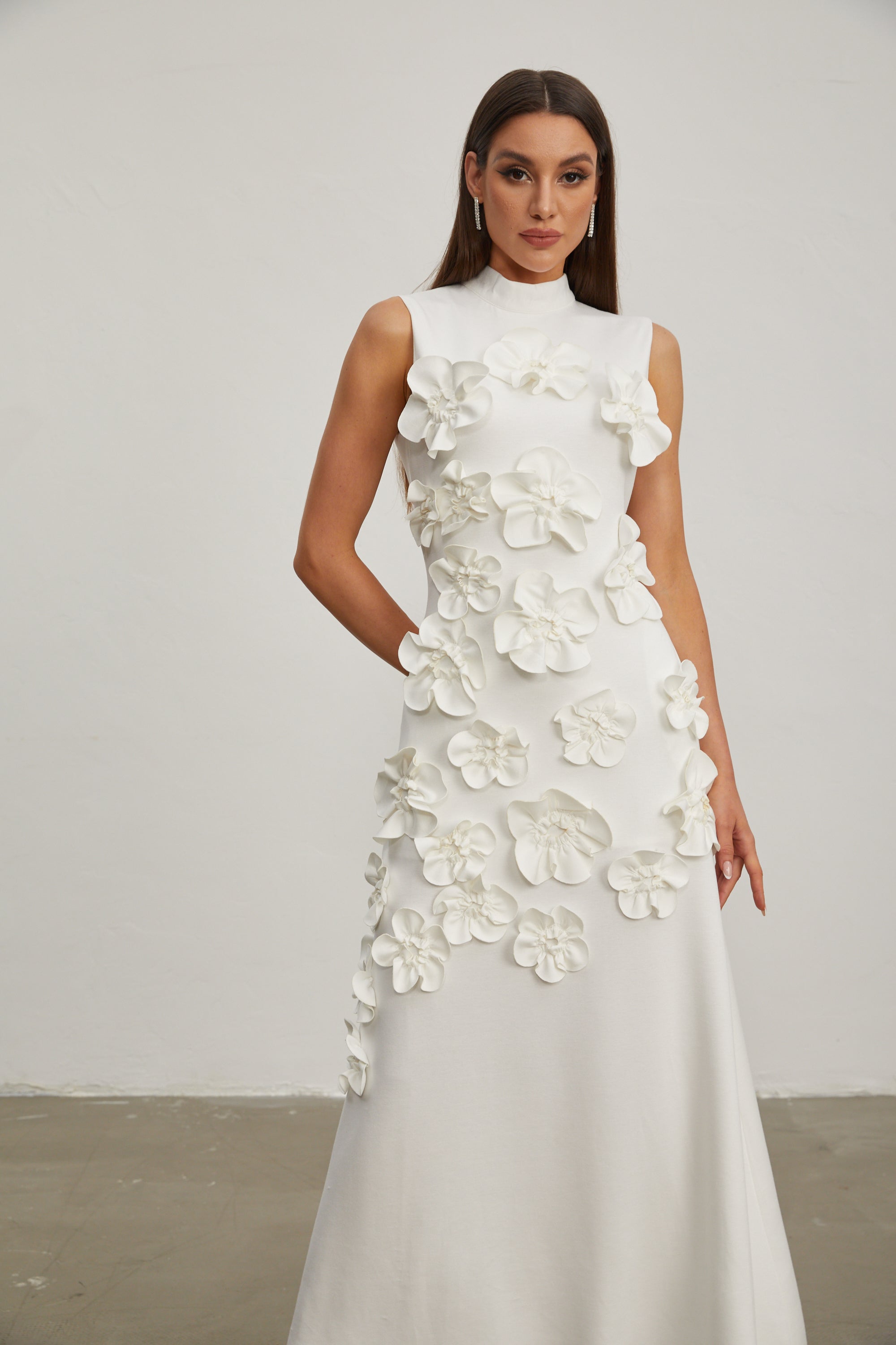 Liora White Rose Flower Maxi Dress