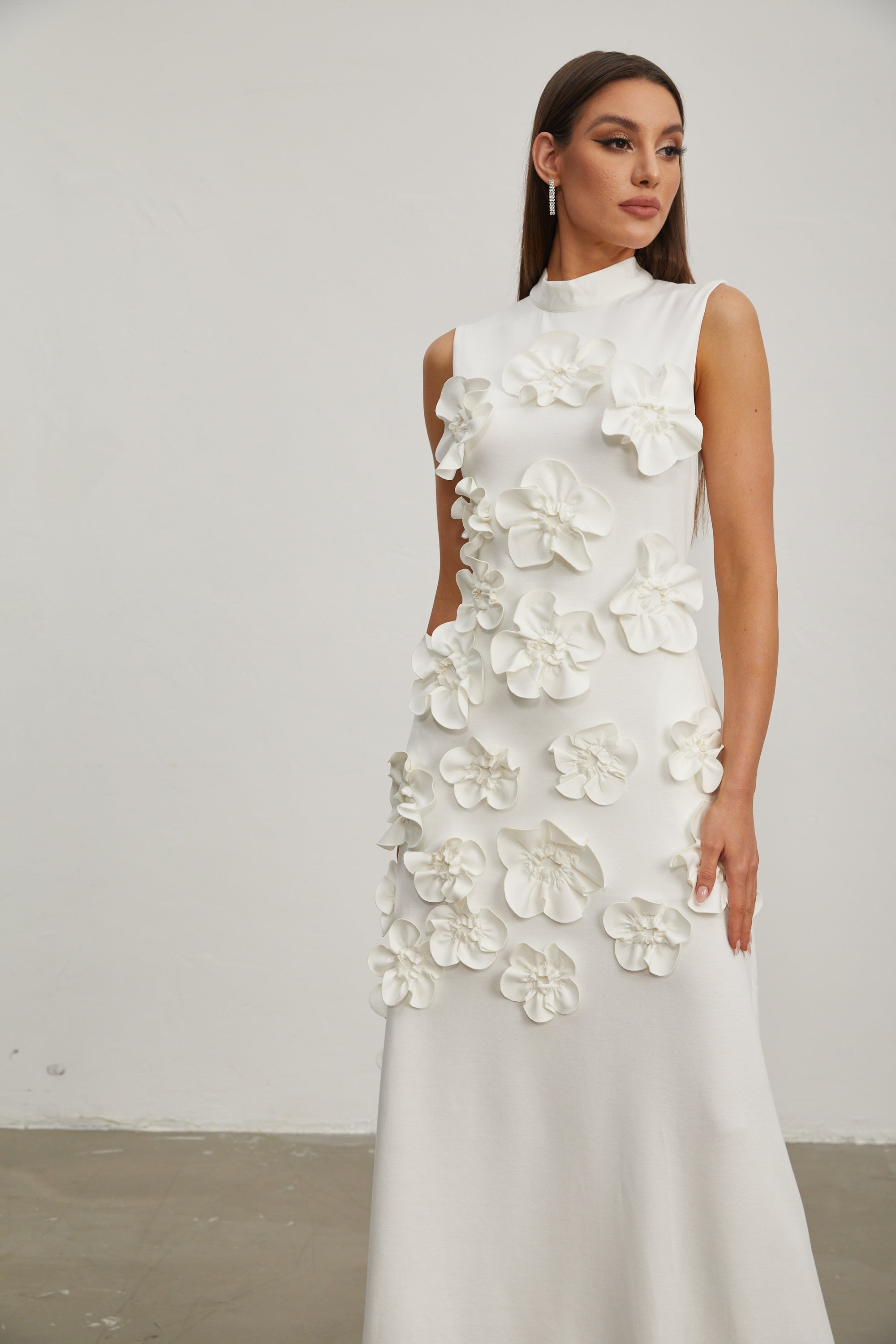 Liora White Rose Flower Maxi Dress