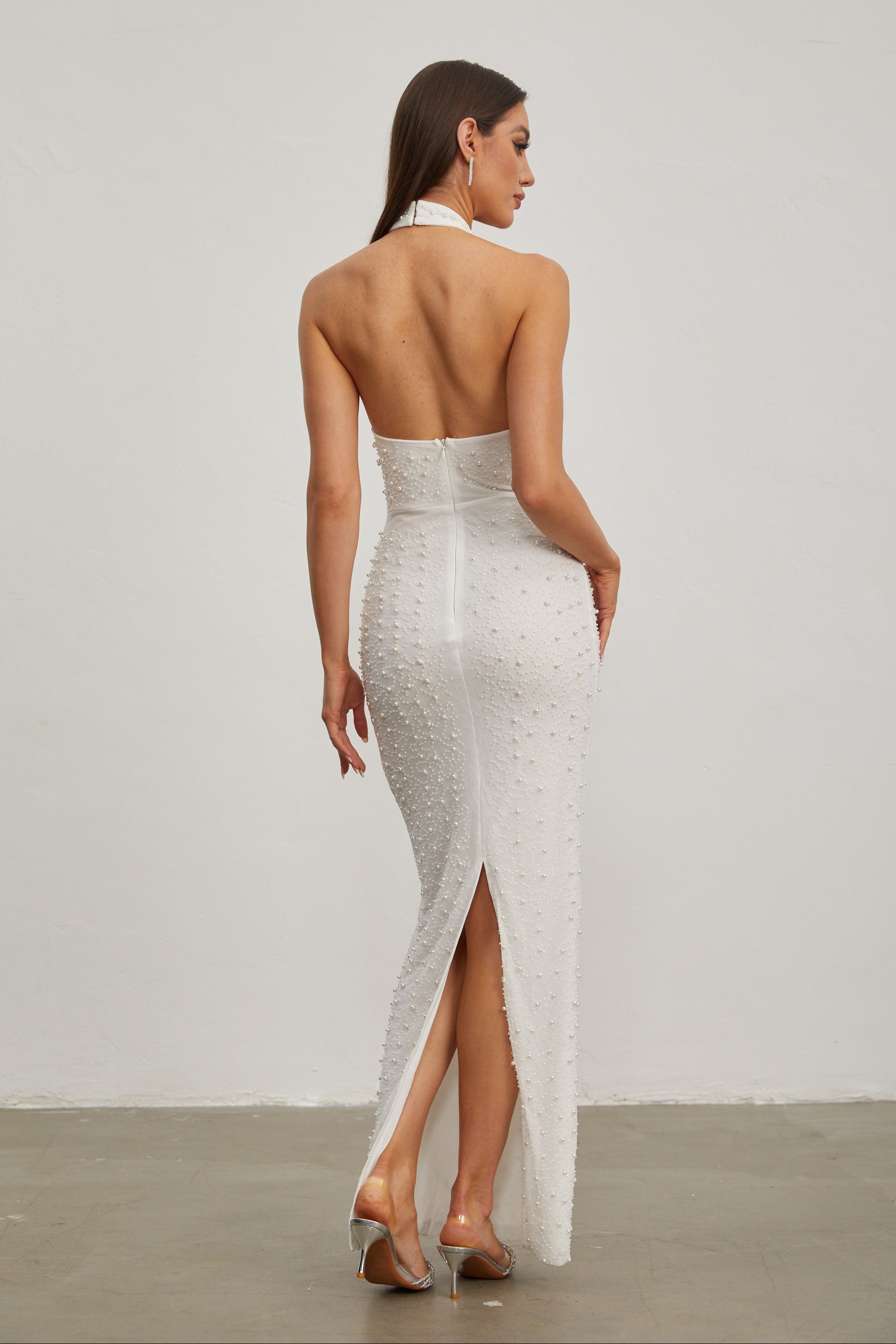 Claribel Pearl Embellished Halter Neck Maxi Dress