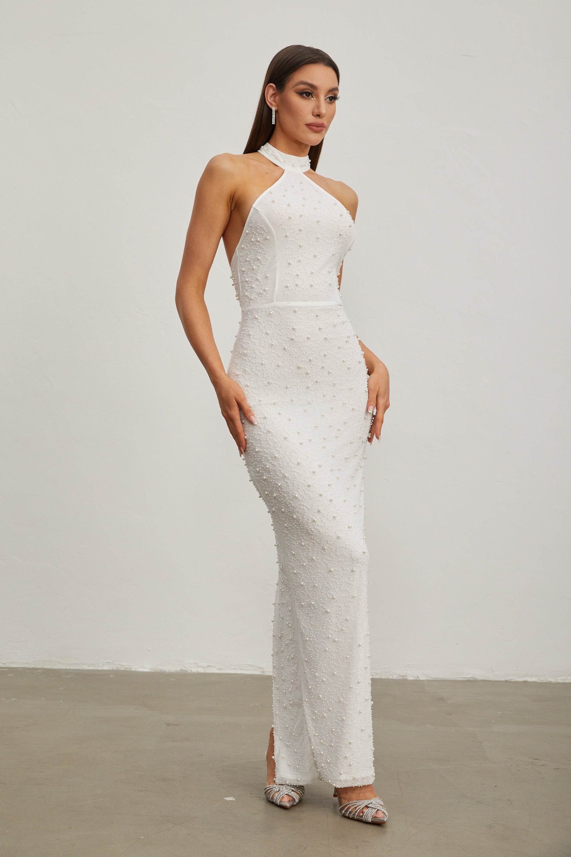 Claribel Pearl Embellished Halter Neck Maxi Dress