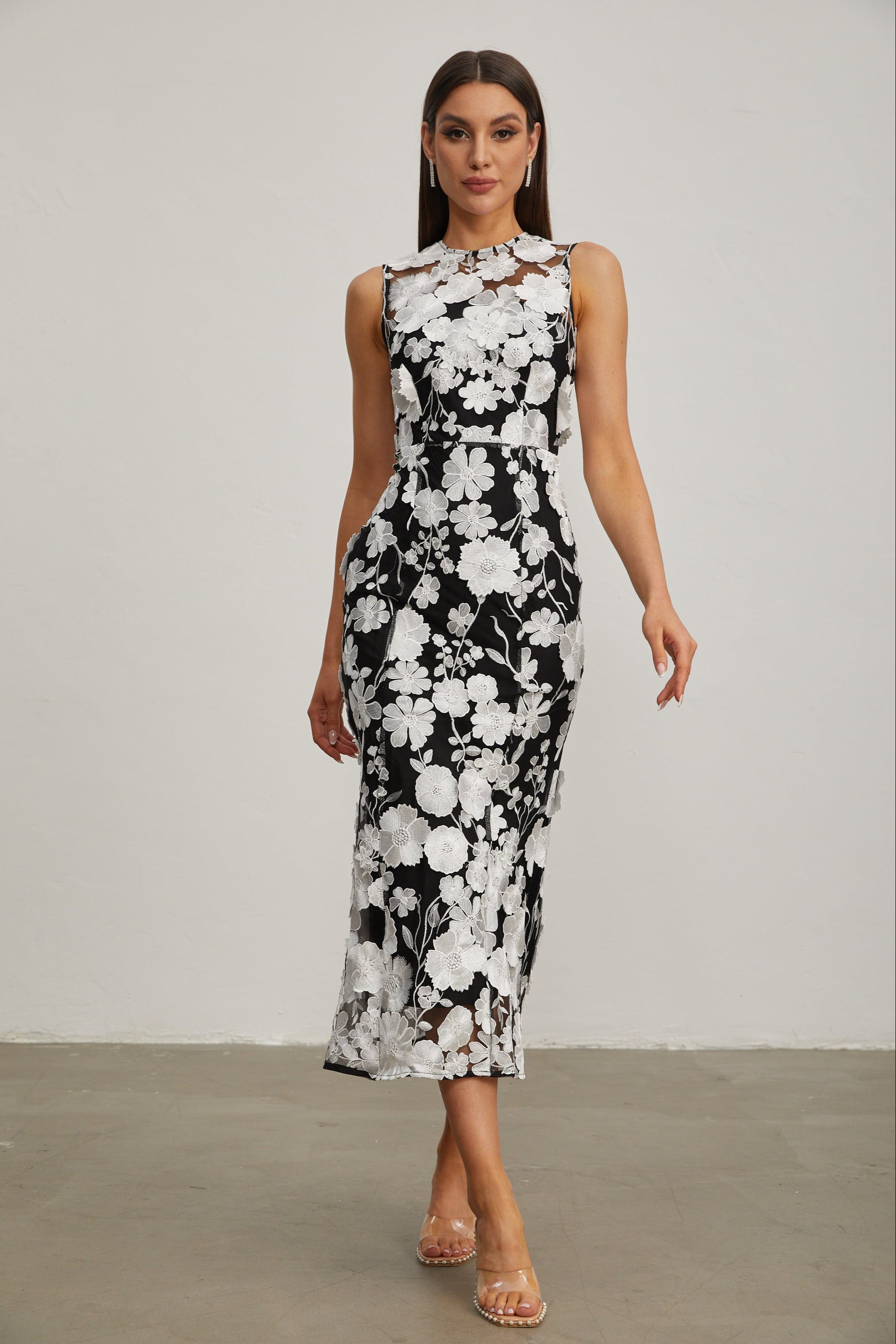 Johanna Black Floral Lace Midi Dress