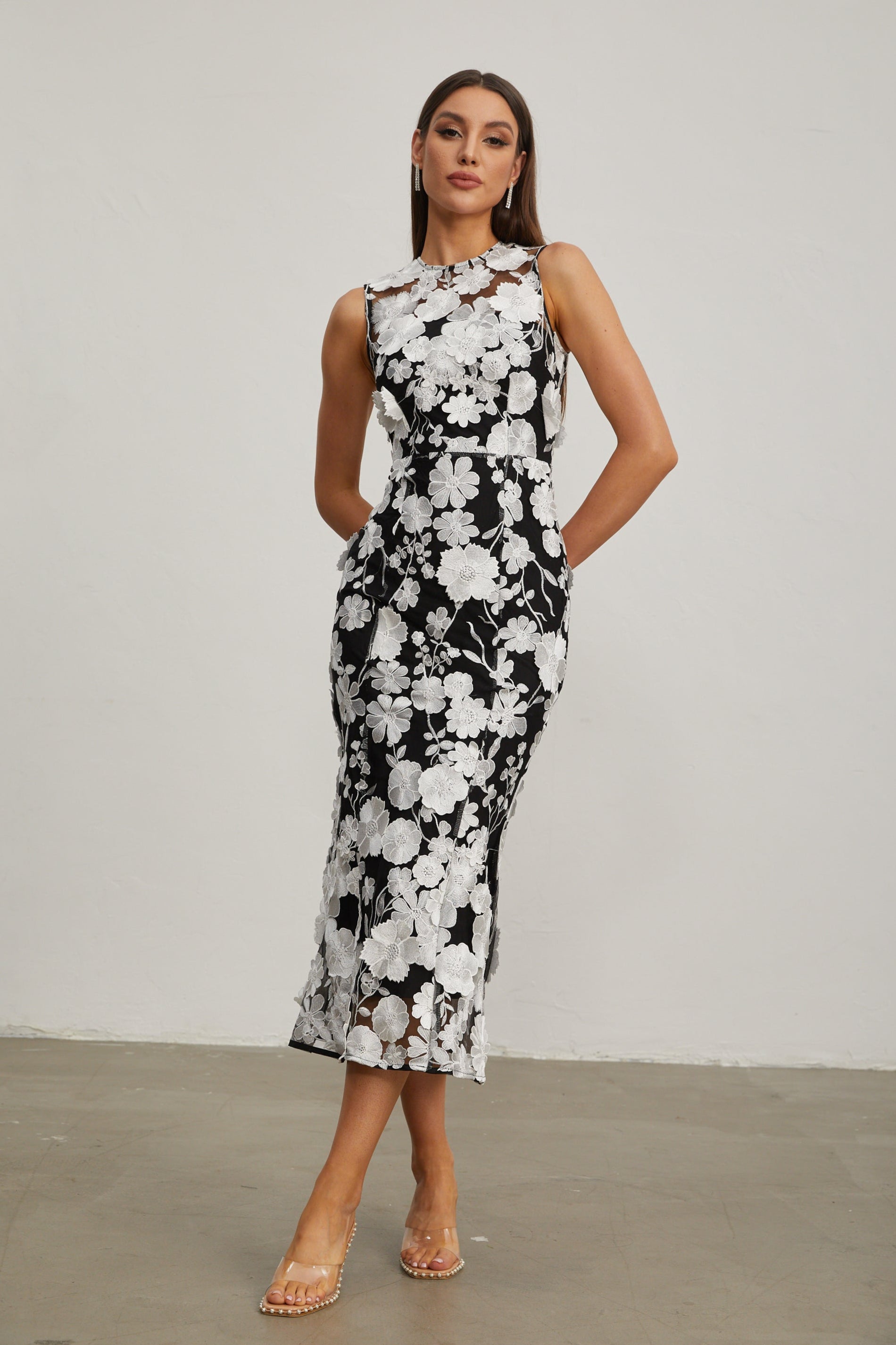 Johanna Black Floral Lace Midi Dress