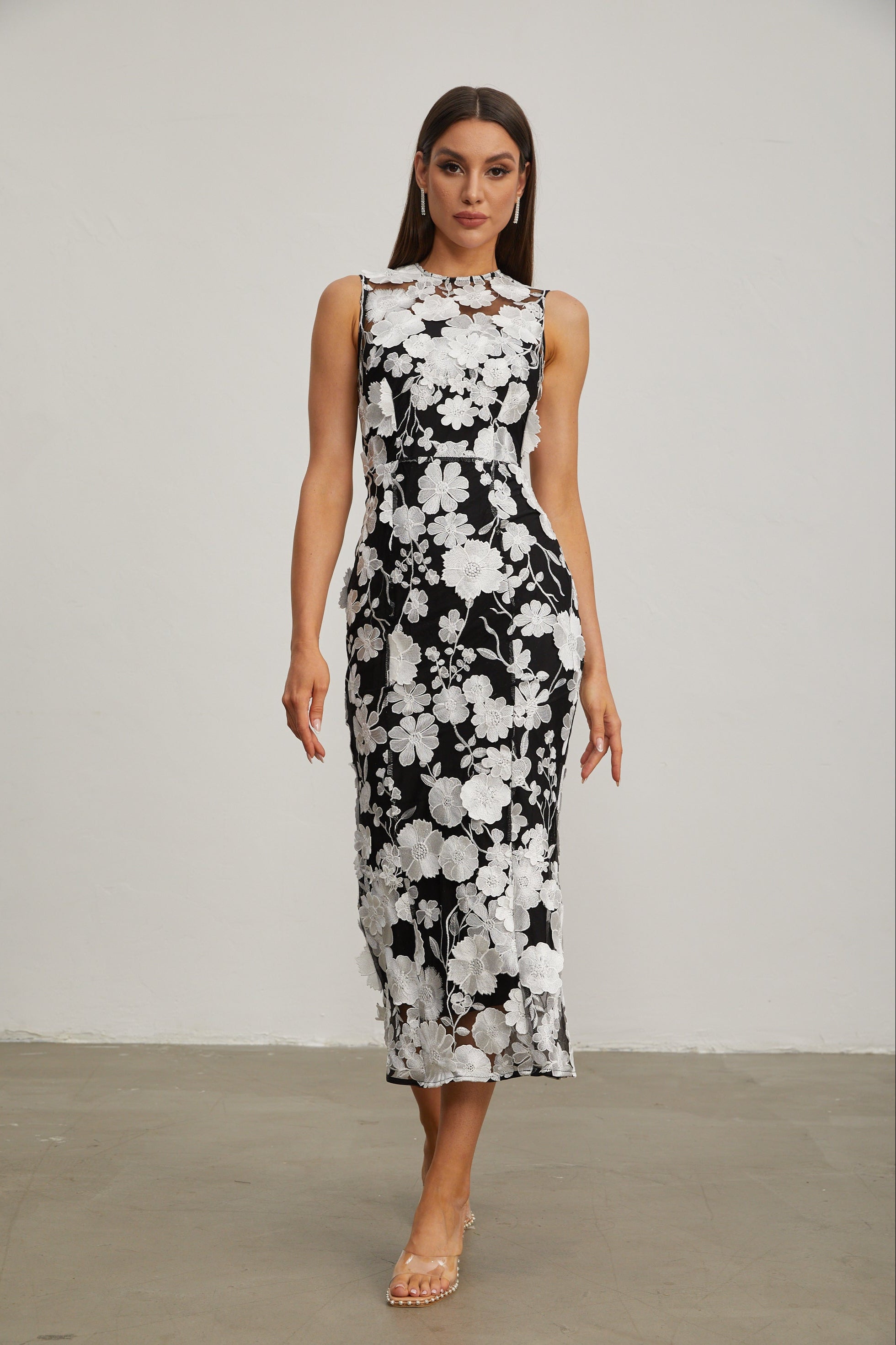 Johanna Black Floral Lace Midi Dress