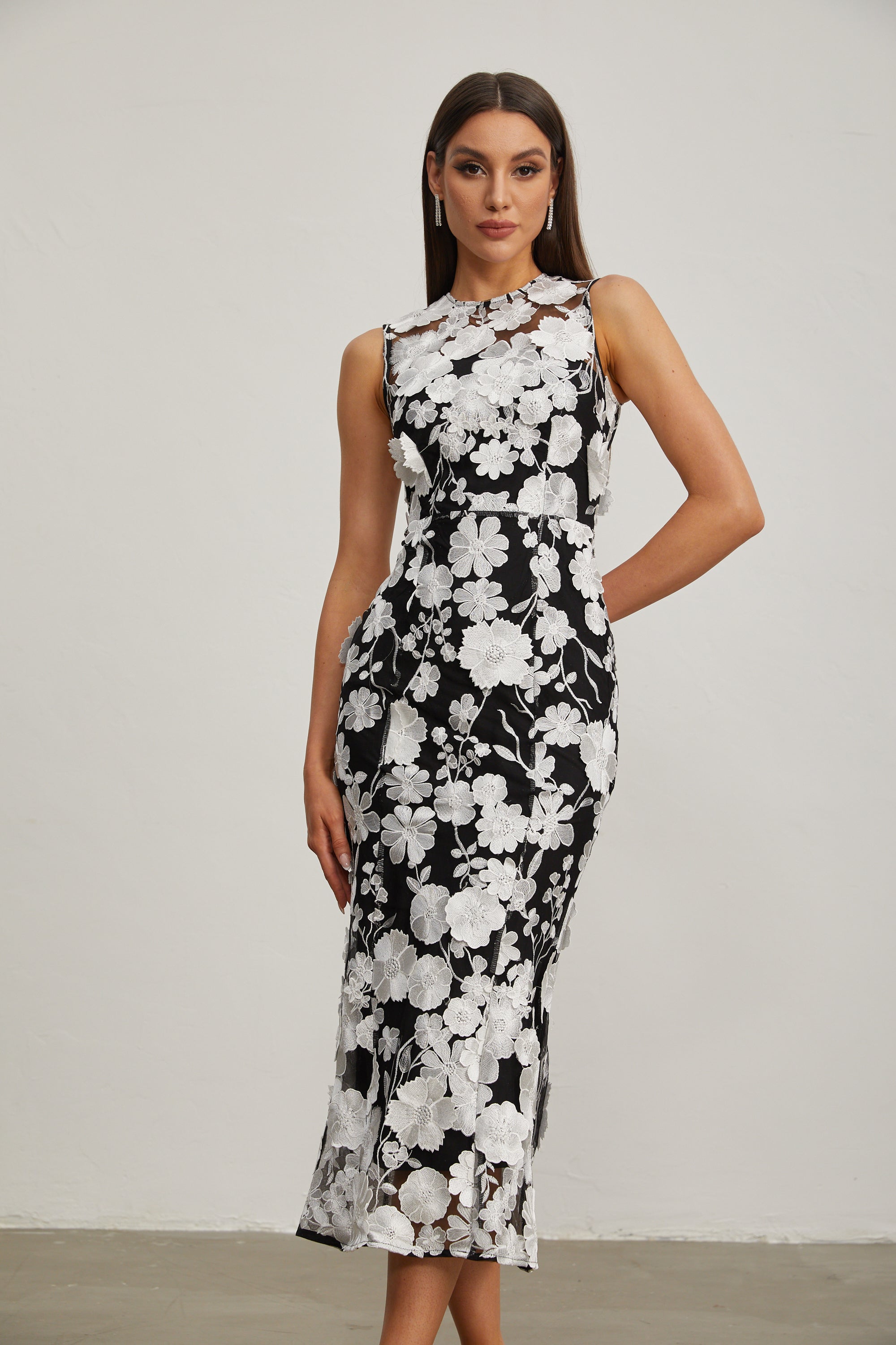 Johanna Black Floral Lace Midi Dress