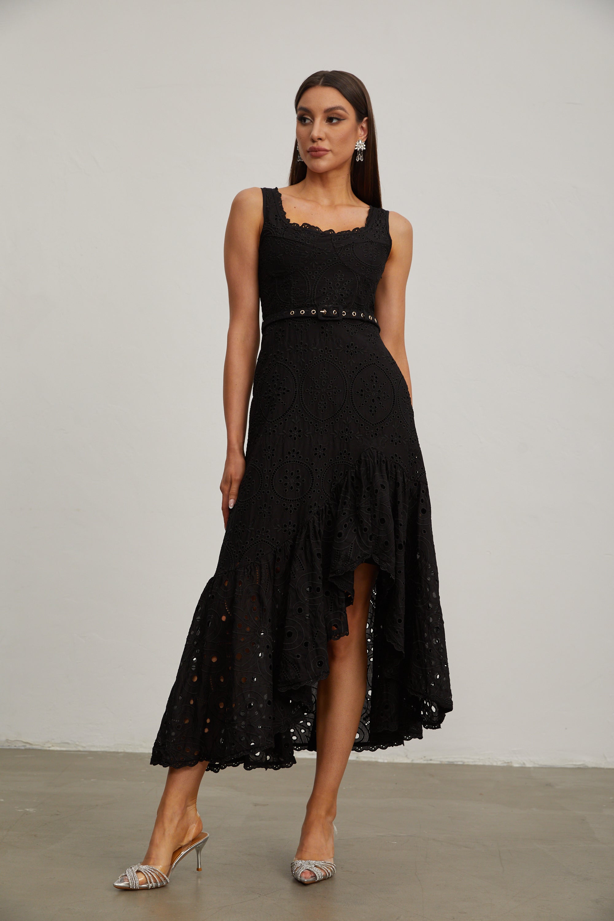 Lucy Black Lace Asymmetric Midi Dress