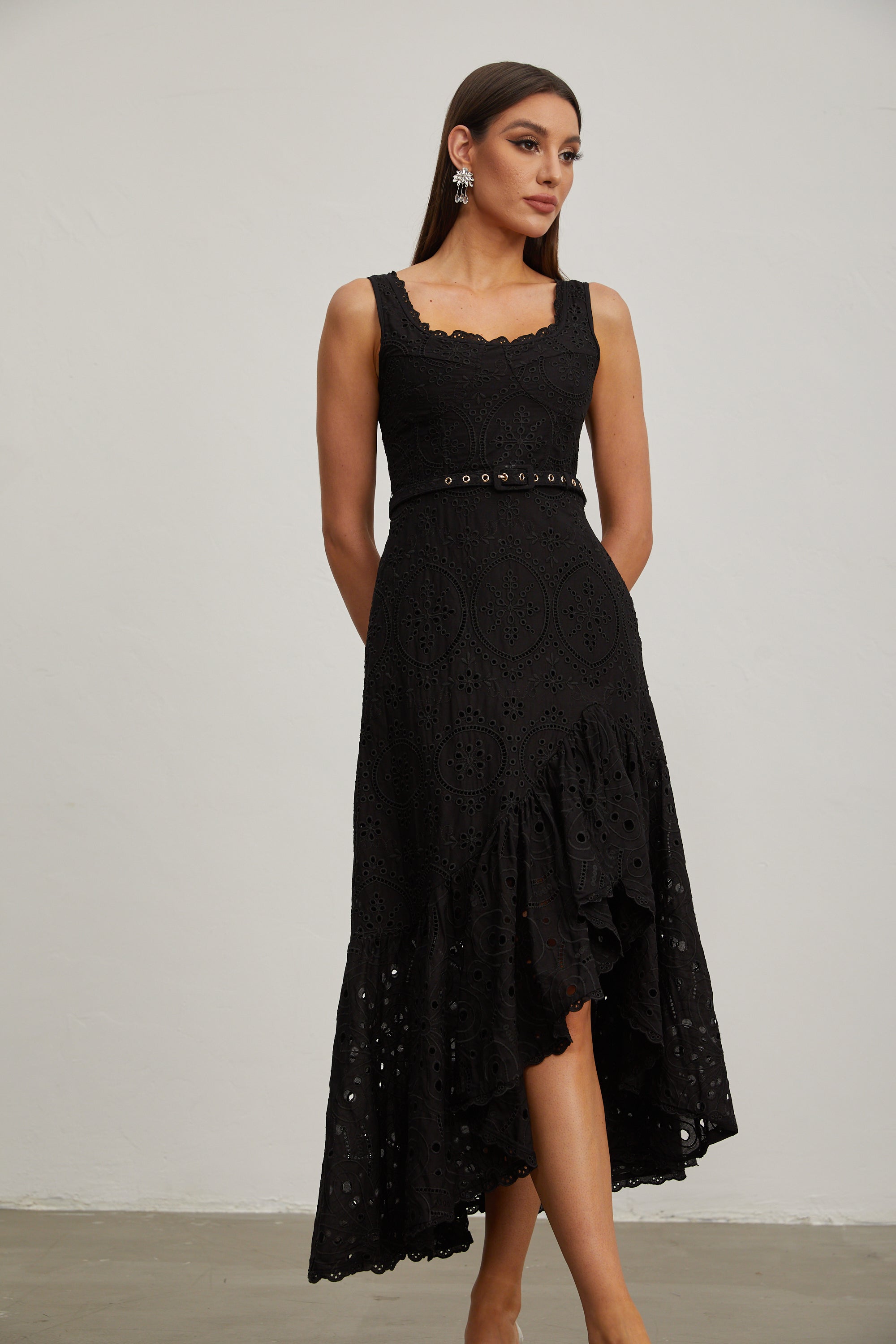 Lucy Black Lace Asymmetric Midi Dress