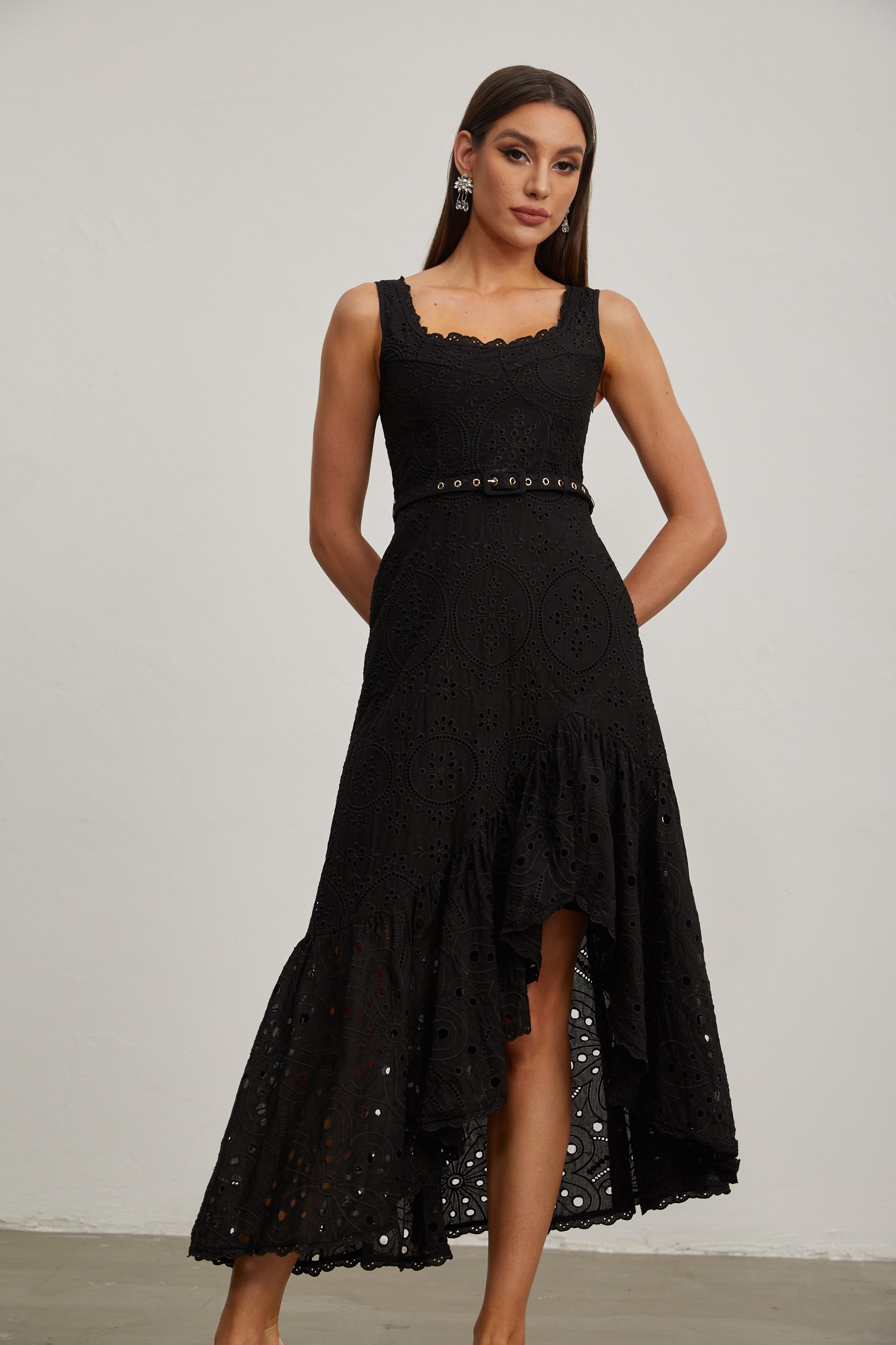 Lucy Black Lace Asymmetric Midi Dress