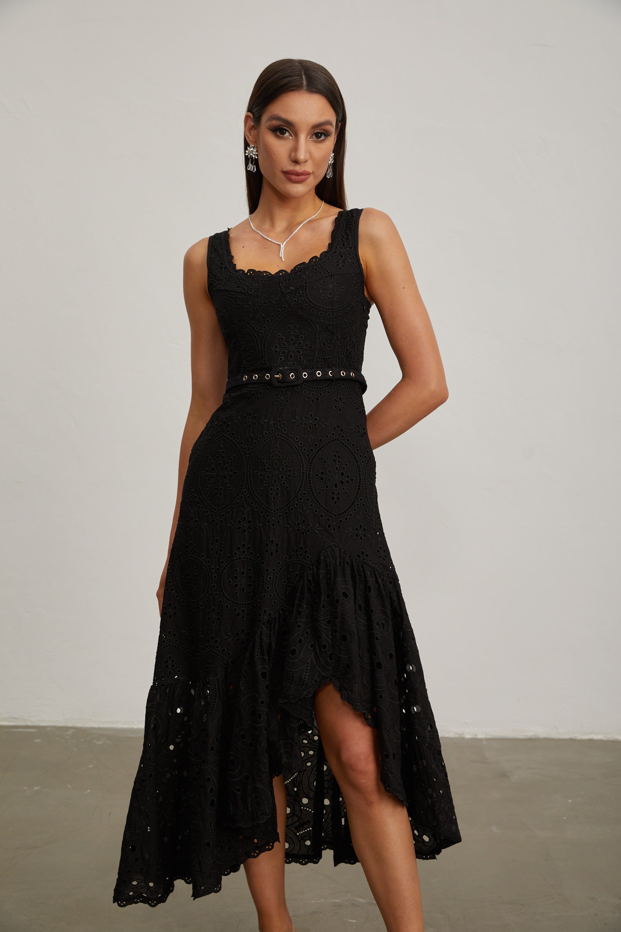 Lucy Black Lace Asymmetric Midi Dress