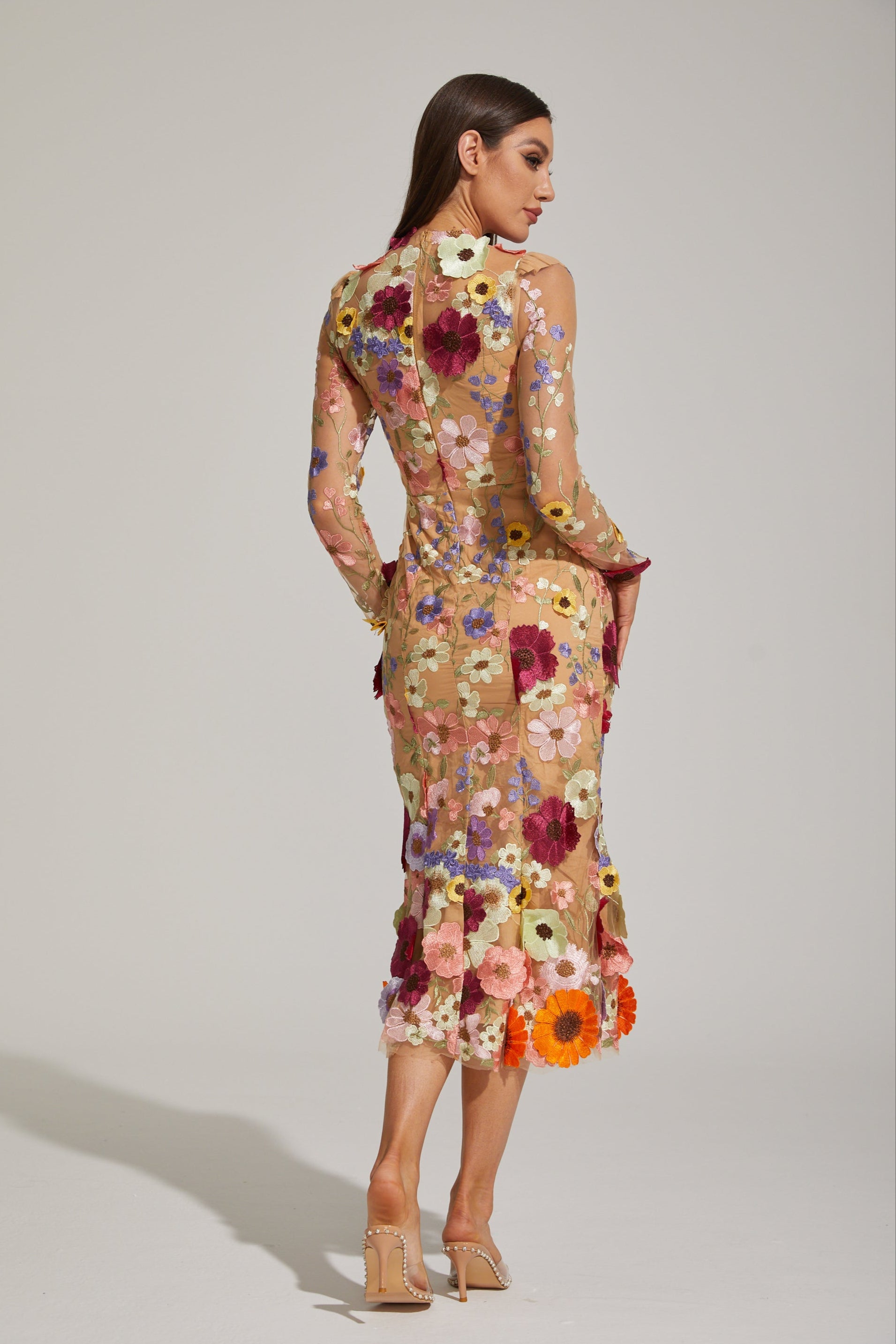 Lilas Enchanted Floral Mesh Midi Dress