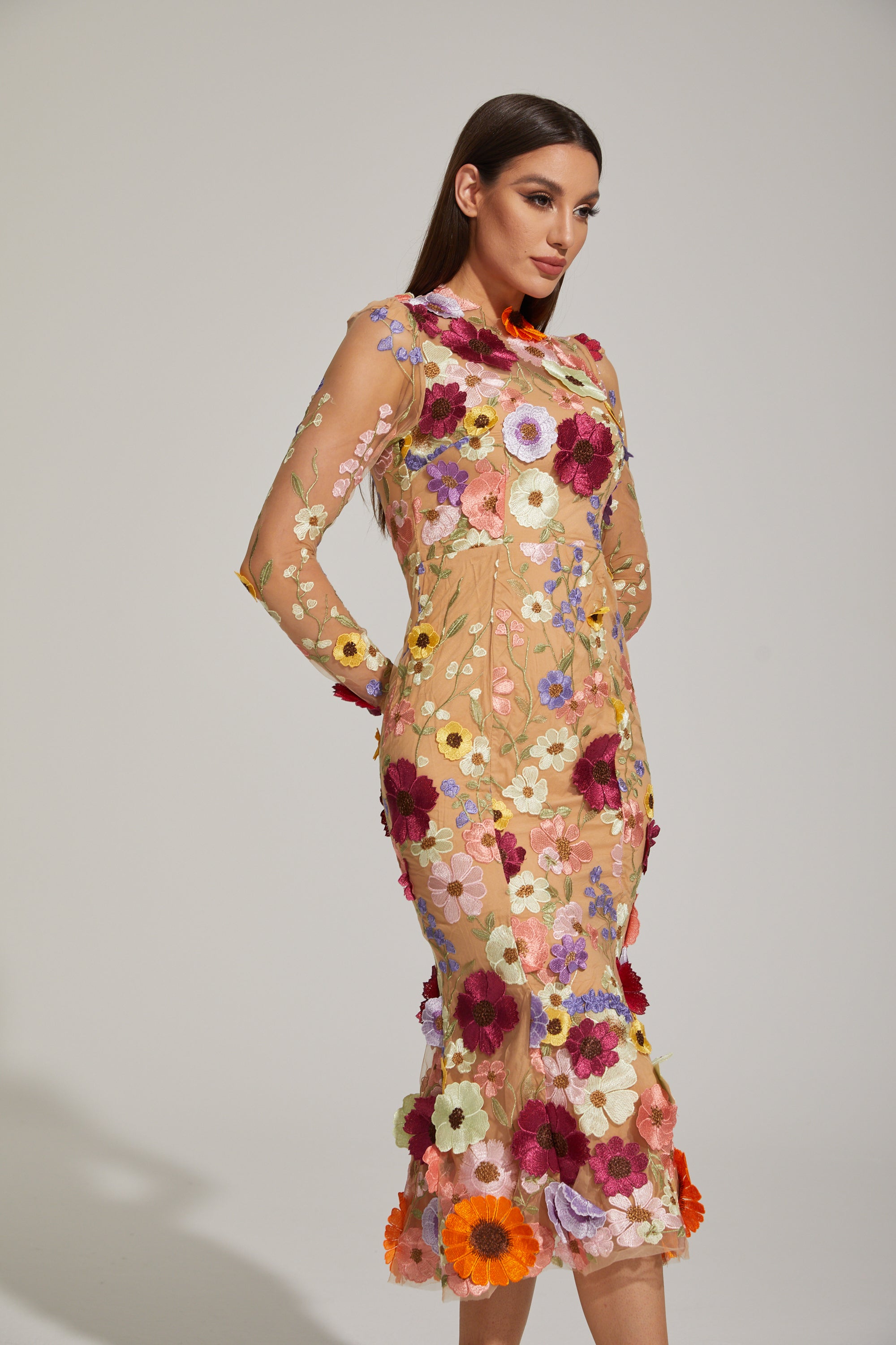 Lilas Enchanted Floral Mesh Midi Dress