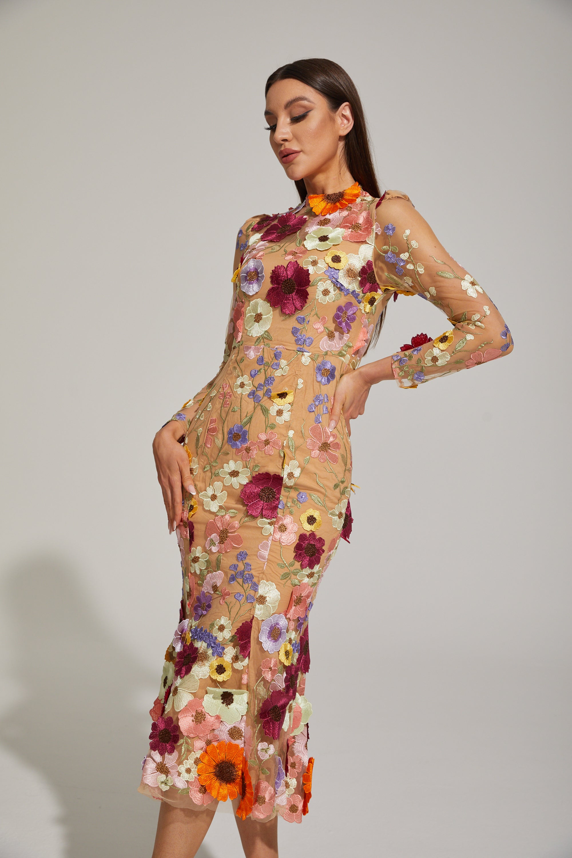 Lilas Enchanted Floral Mesh Midi Dress