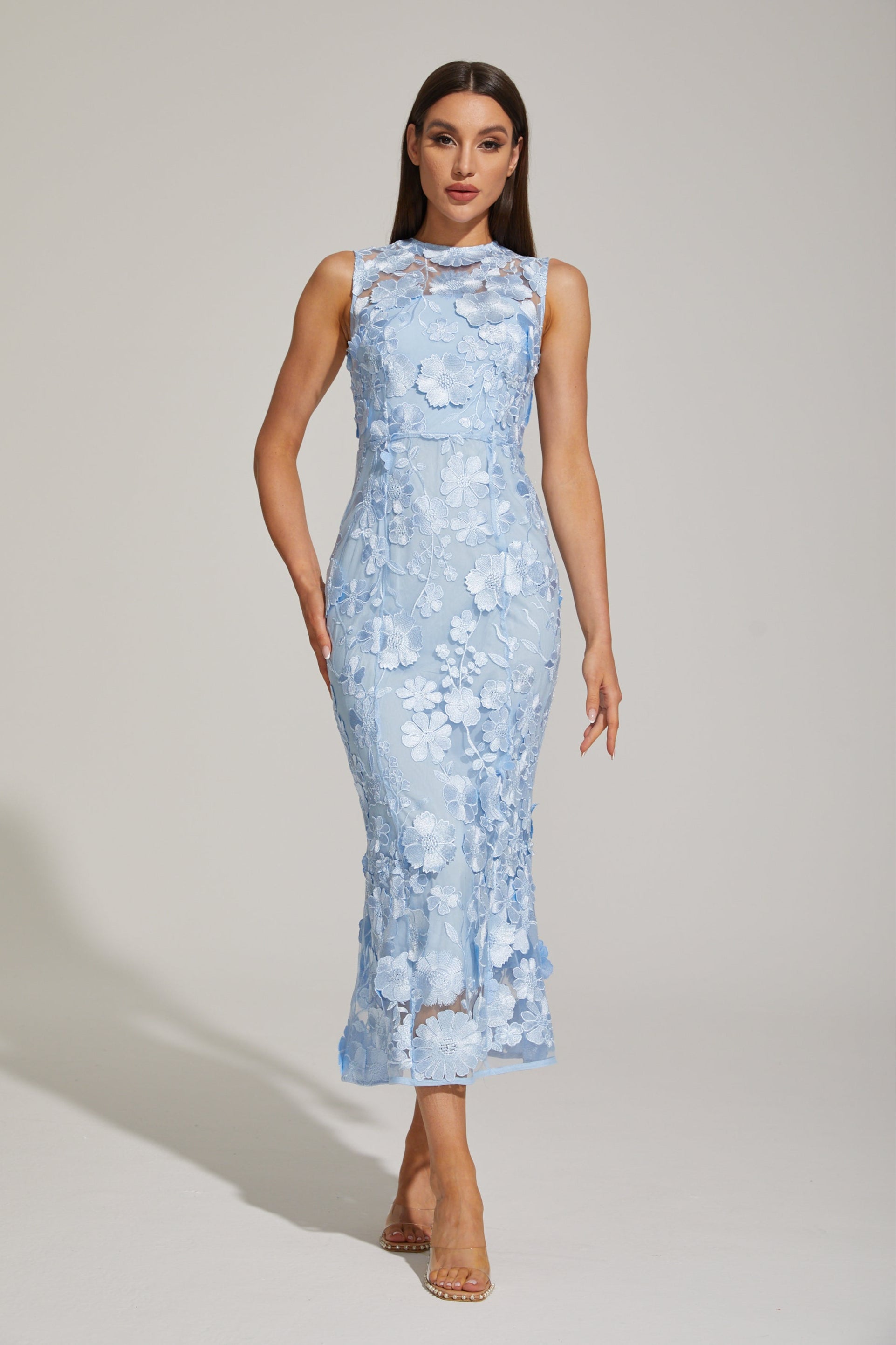 Johanna Blue Floral Lace Midi Dress