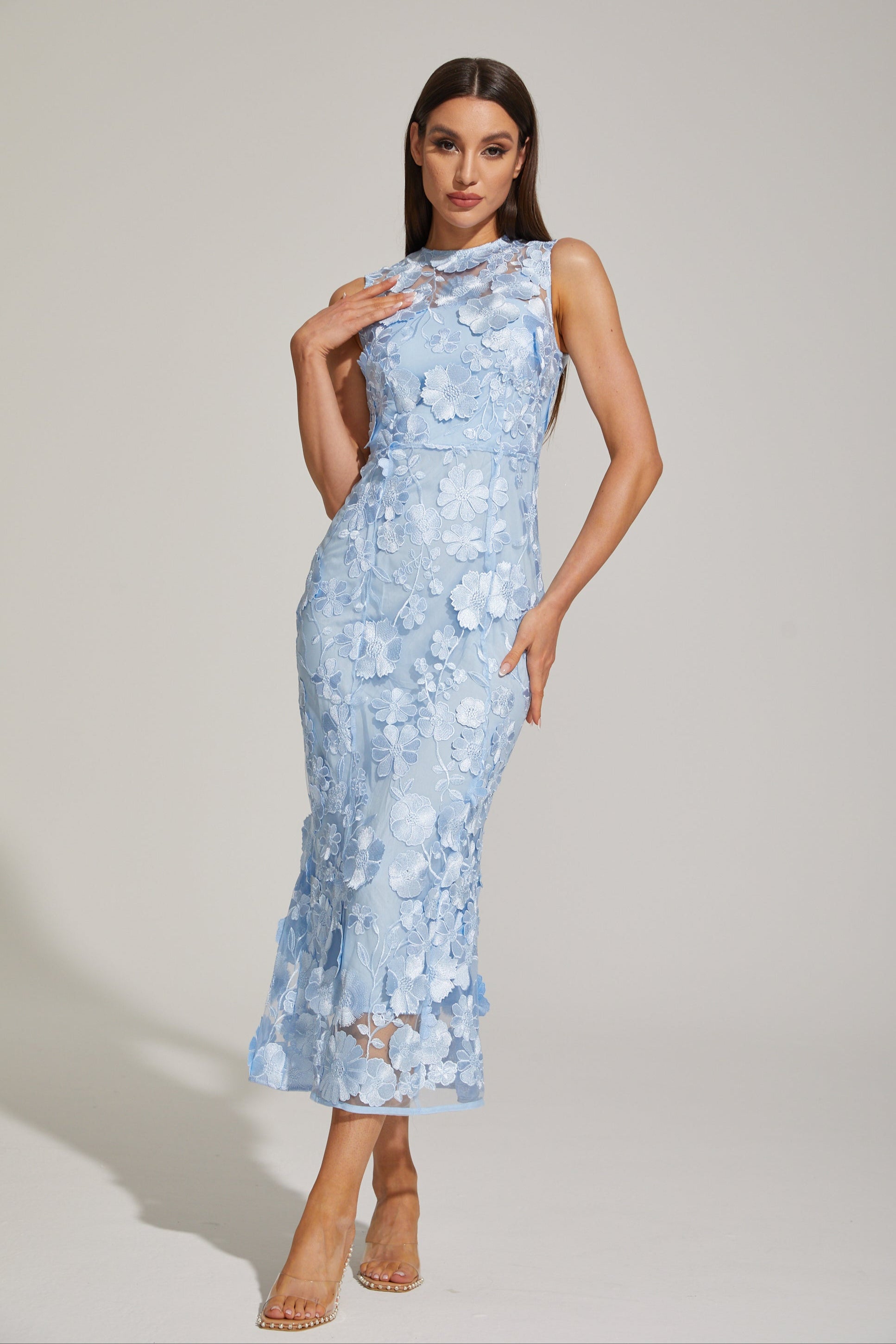 Johanna Blue Floral Lace Midi Dress
