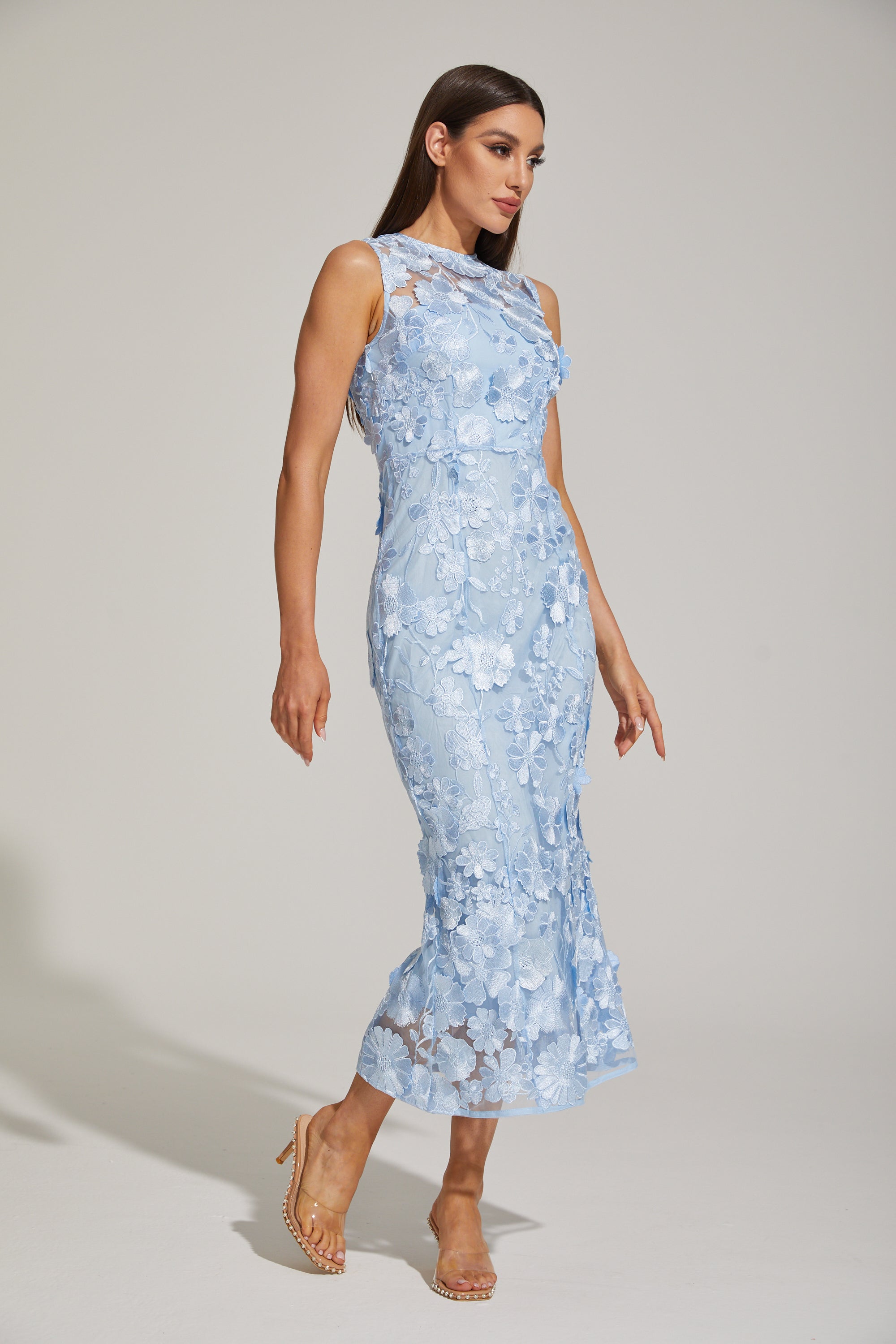 Johanna Blue Floral Lace Midi Dress