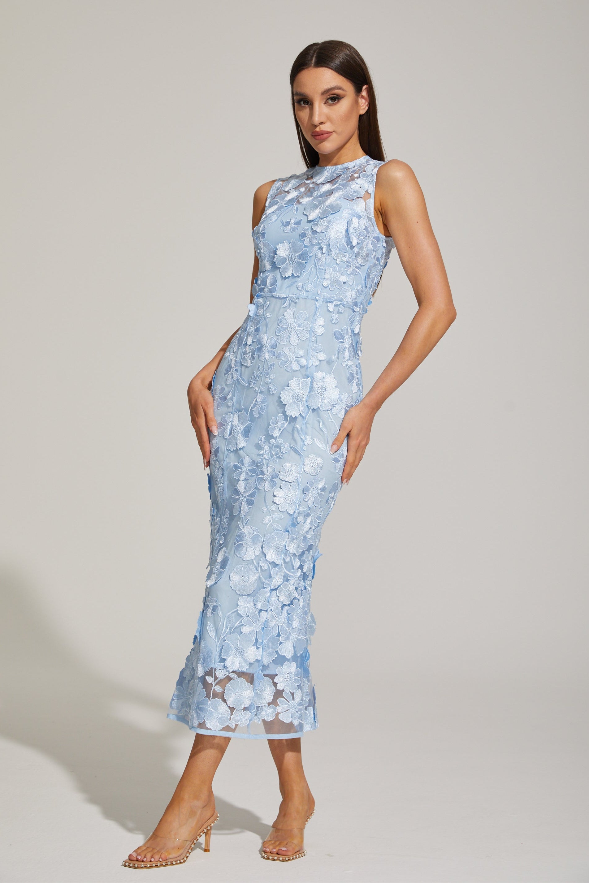 Johanna Blue Floral Lace Midi Dress