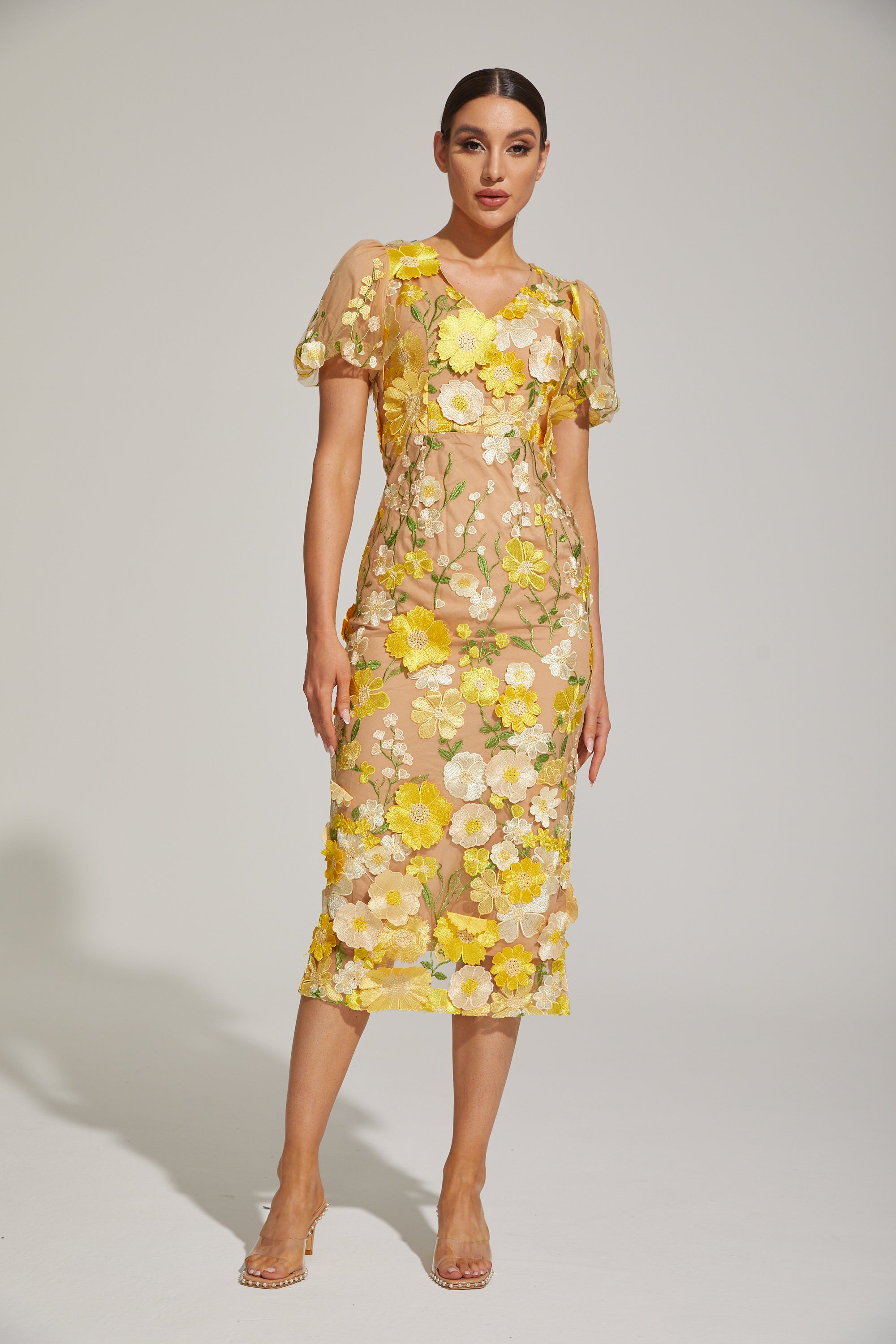 Vivienne Lemon Blossom Mesh Midi Dress