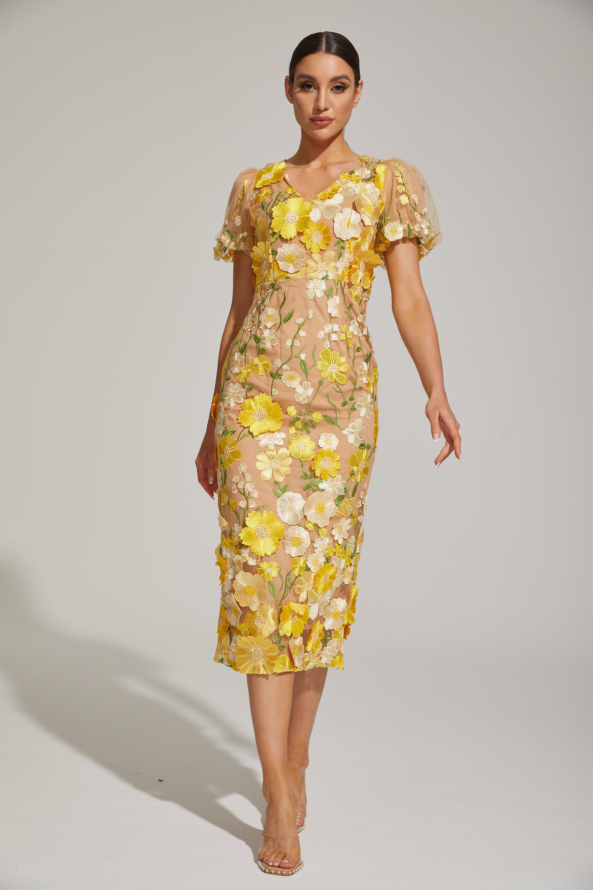 Vivienne Lemon Blossom Mesh Midi Dress