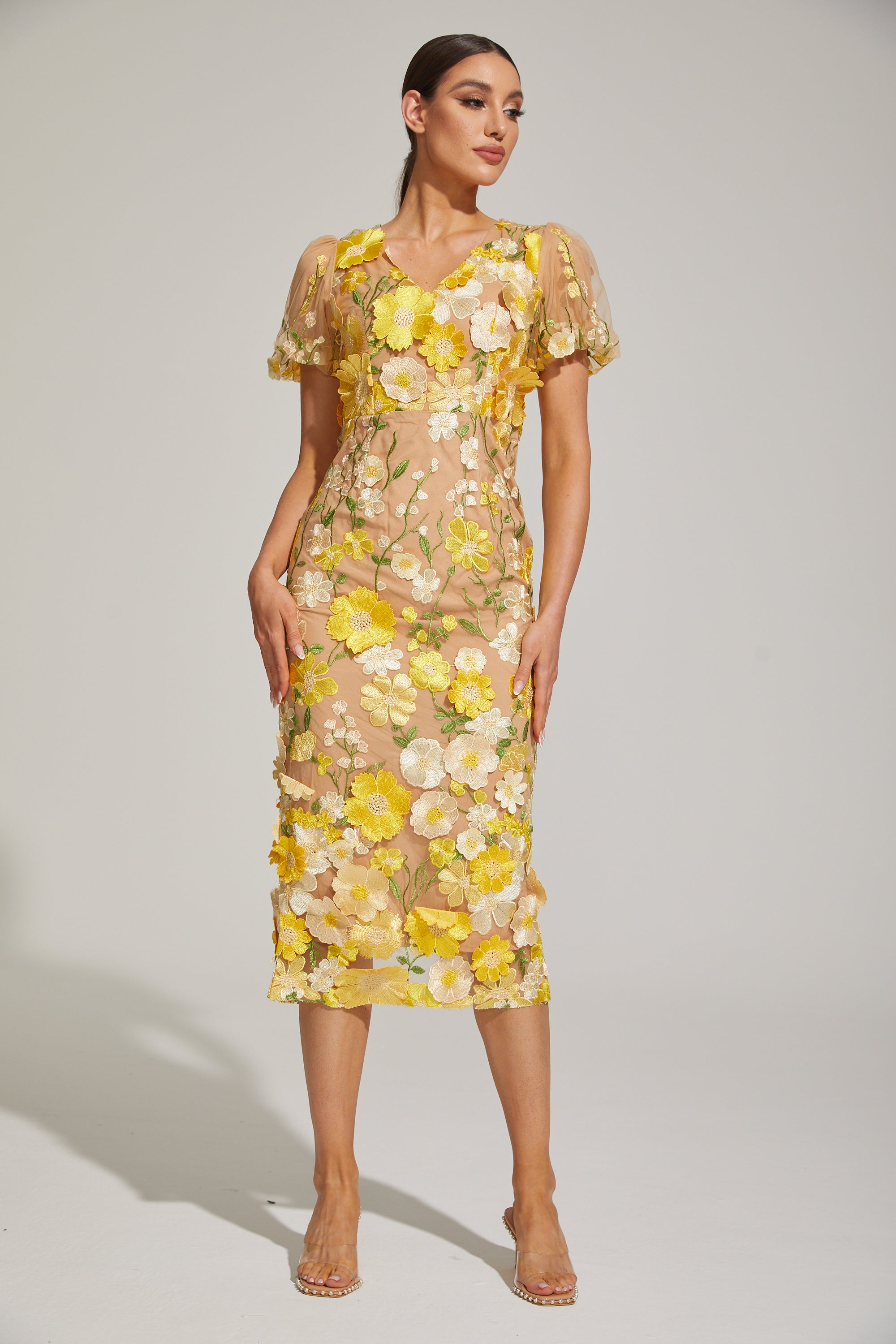 Vivienne Lemon Blossom Mesh Midi Dress