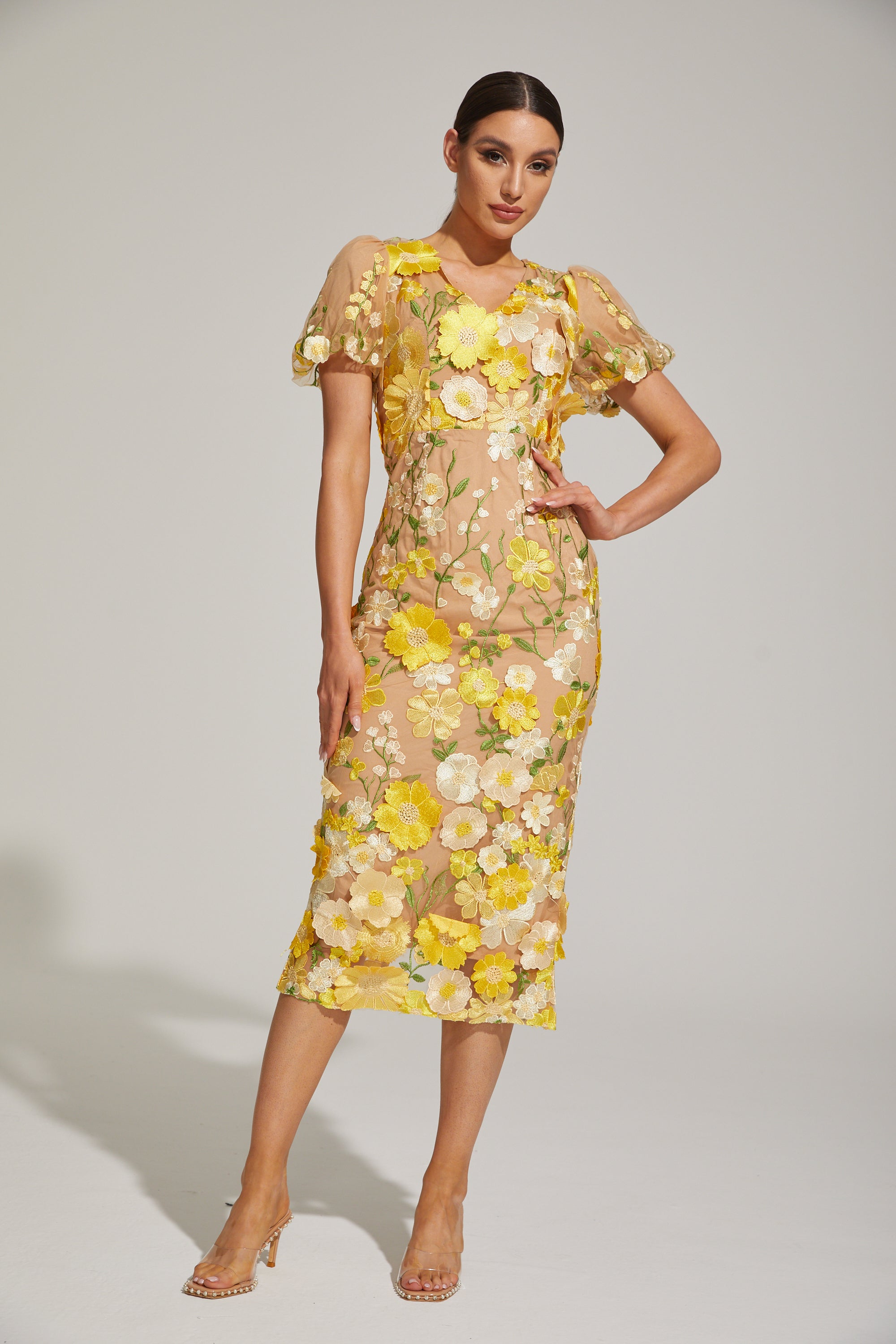 Vivienne Lemon Blossom Mesh Midi Dress