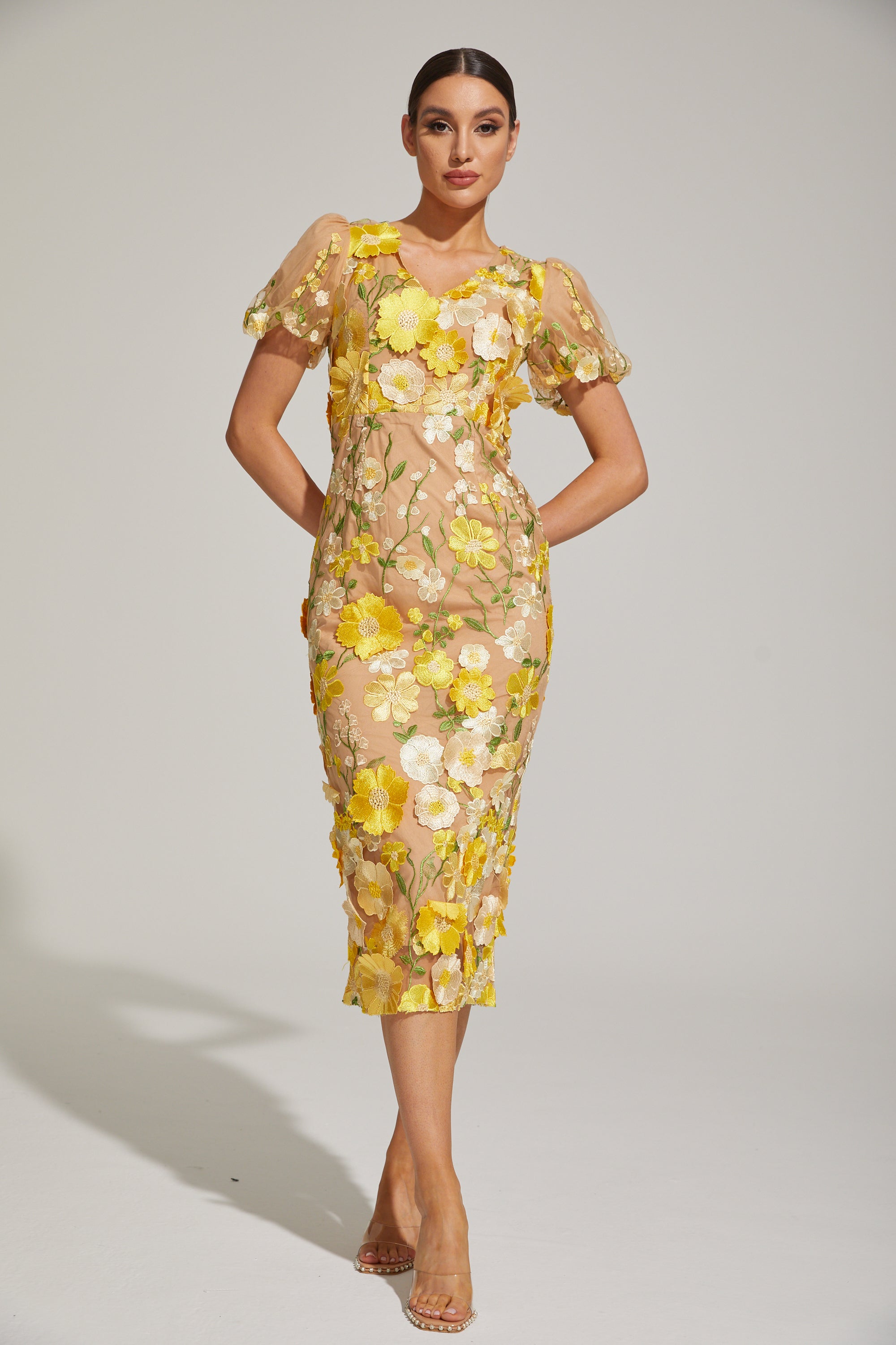 Vivienne Lemon Blossom Mesh Midi Dress