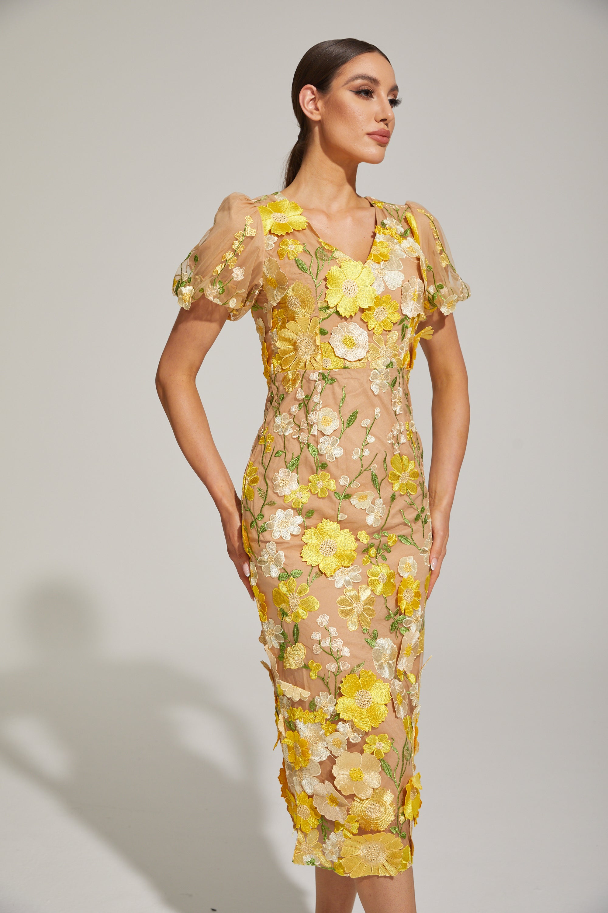 Vivienne Lemon Blossom Mesh Midi Dress