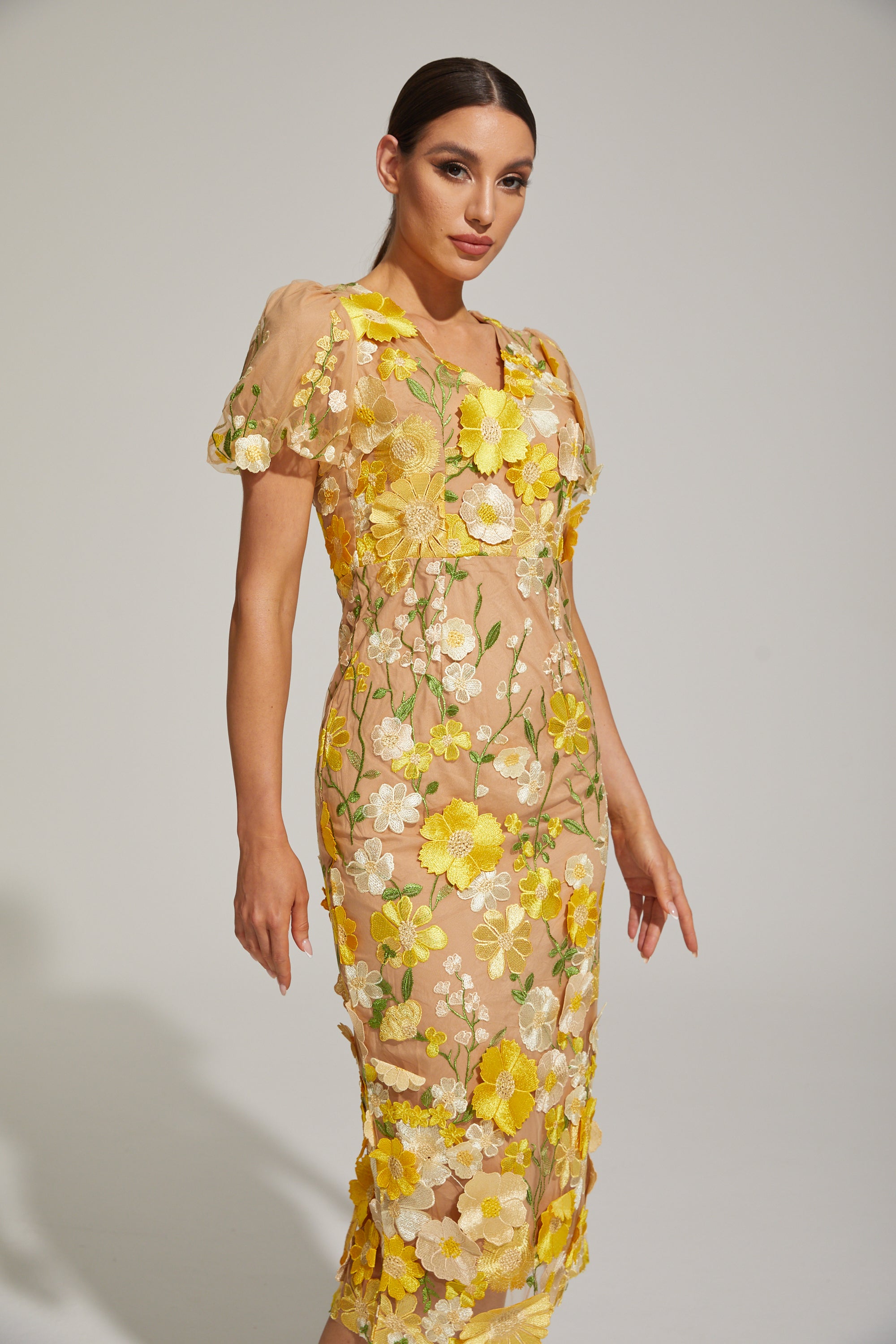 Vivienne Lemon Blossom Mesh Midi Dress