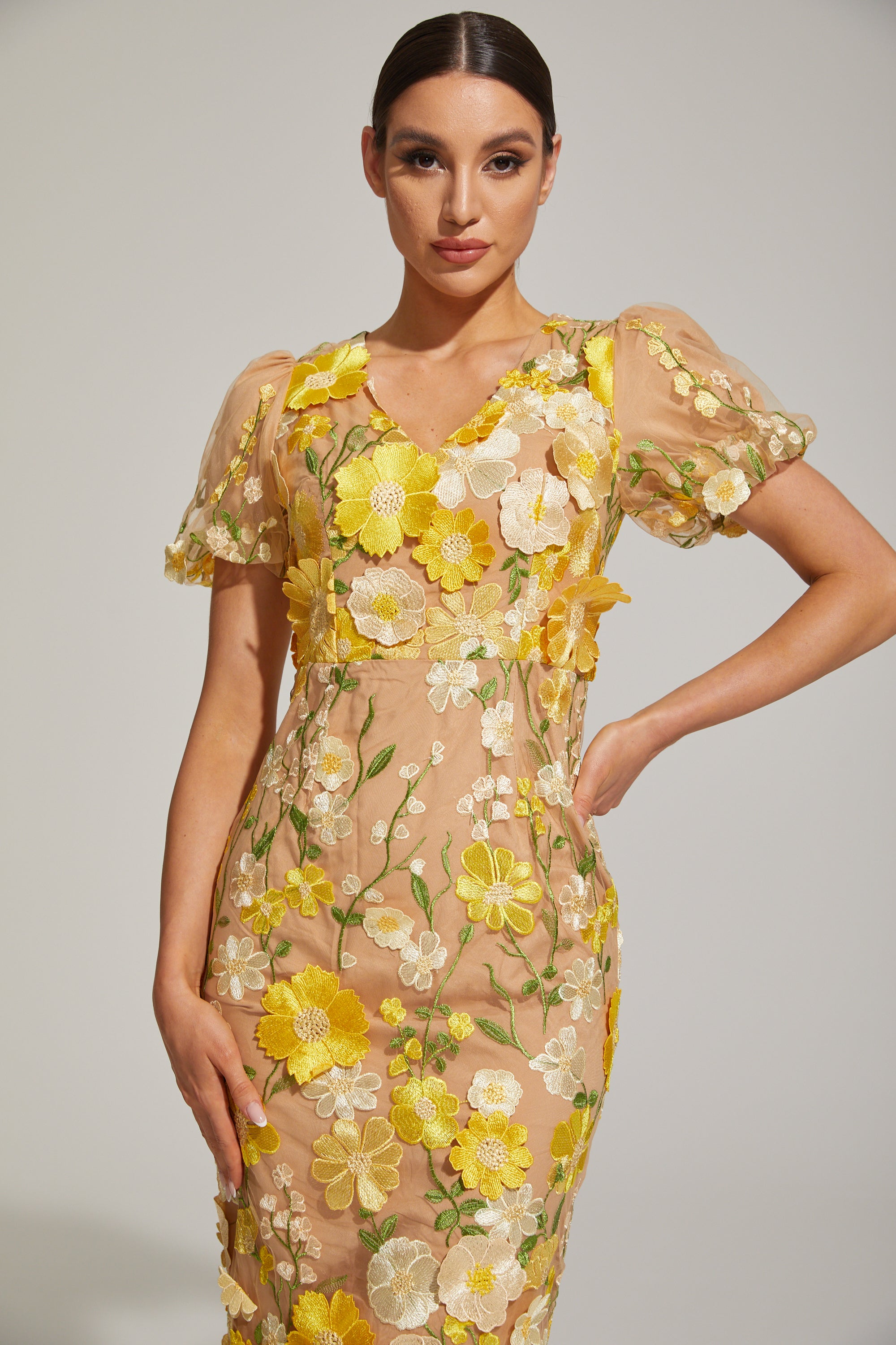 Vivienne Lemon Blossom Mesh Midi Dress