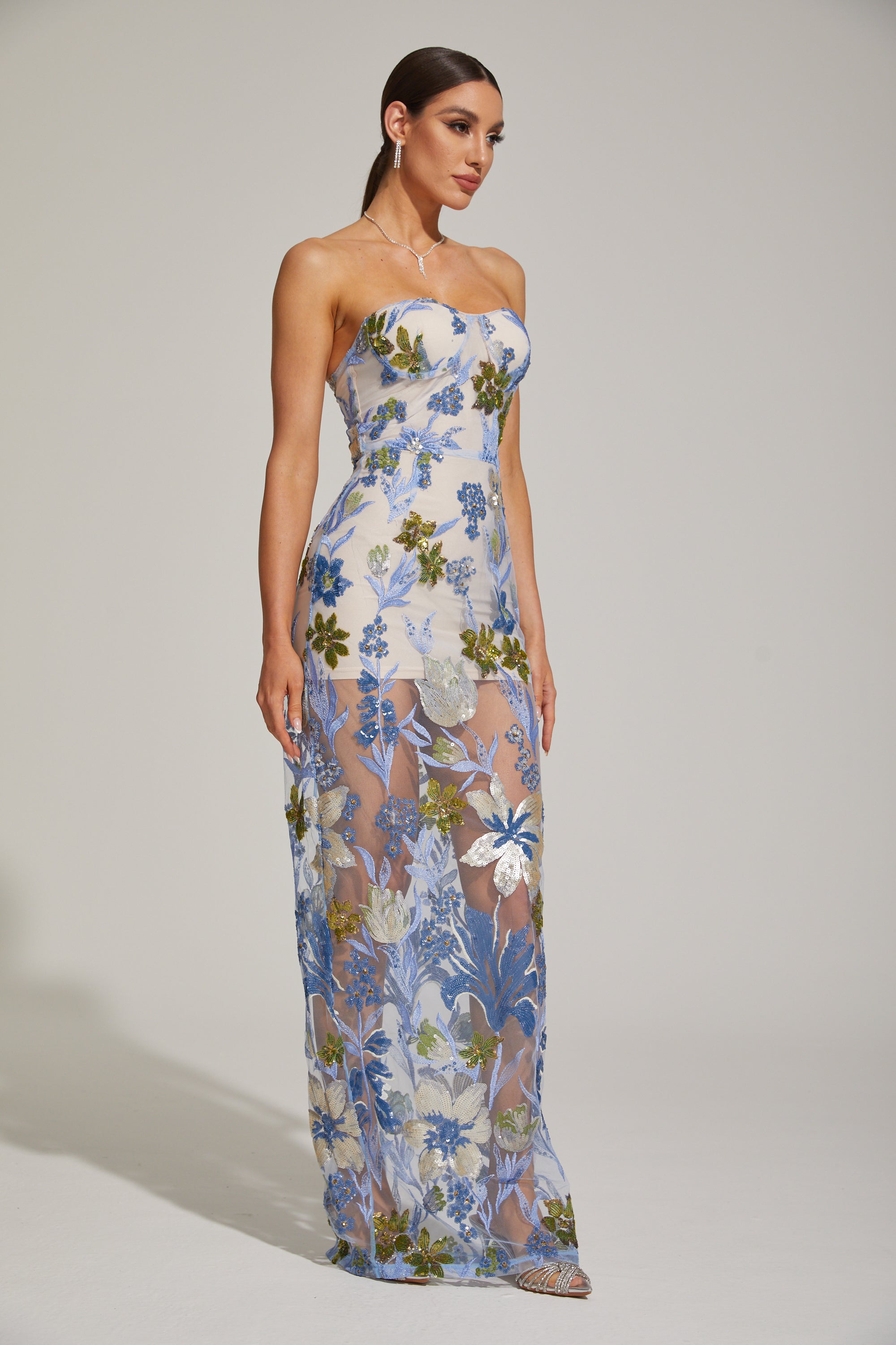 Xandrine Floral Embroidered Strapless Maxi Dress