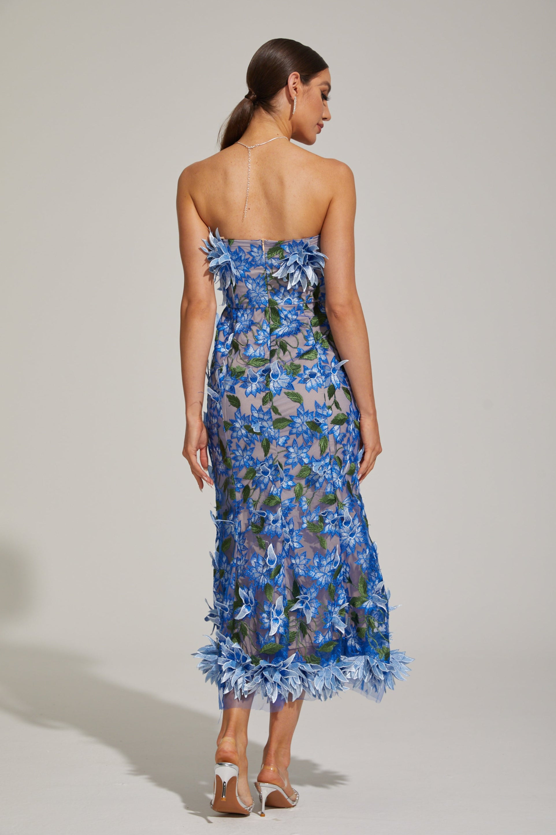Aitana Azure Floral Strapless Embroidered Midi Dress