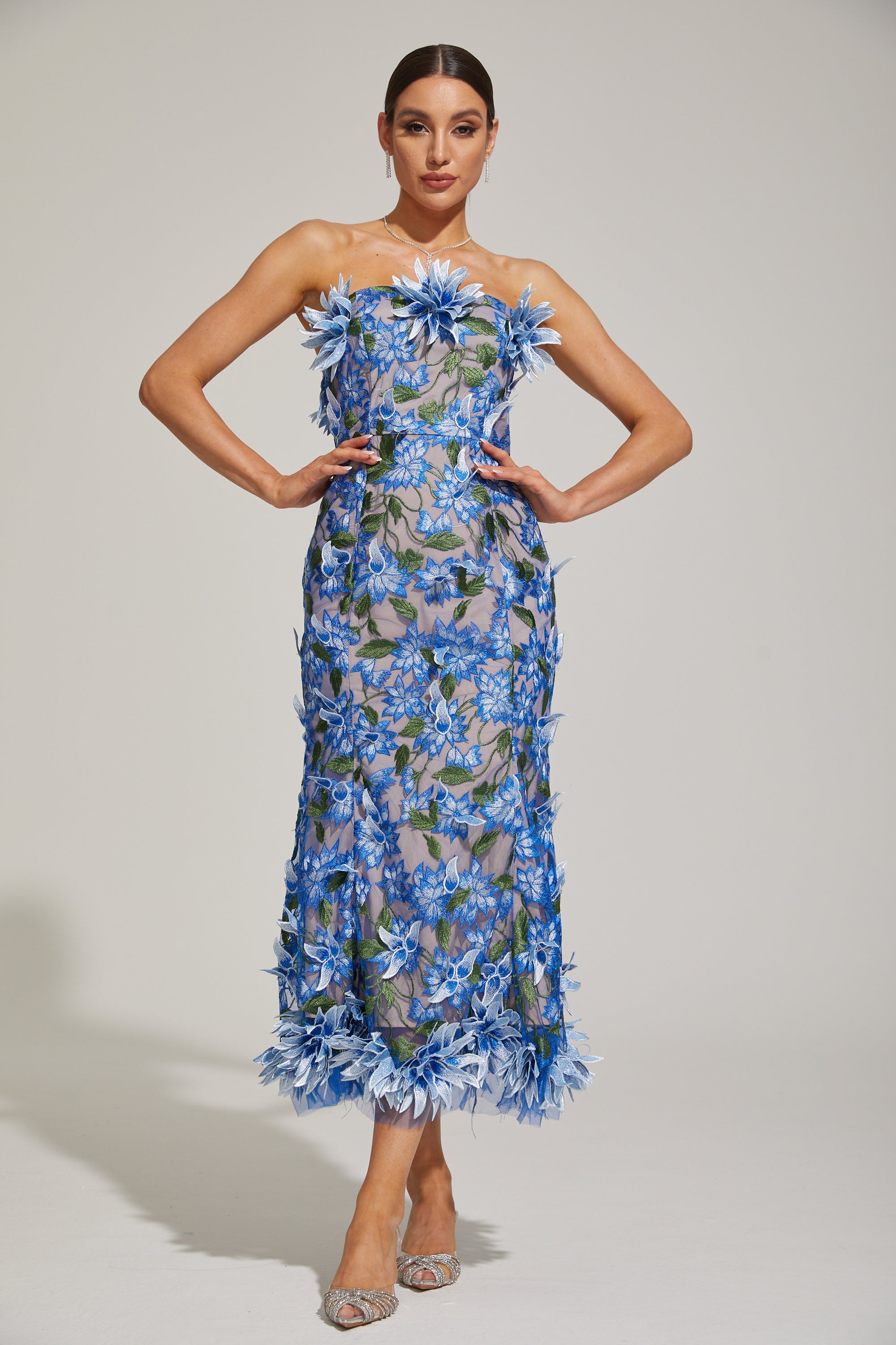 Aitana Azure Floral Strapless Embroidered Midi Dress
