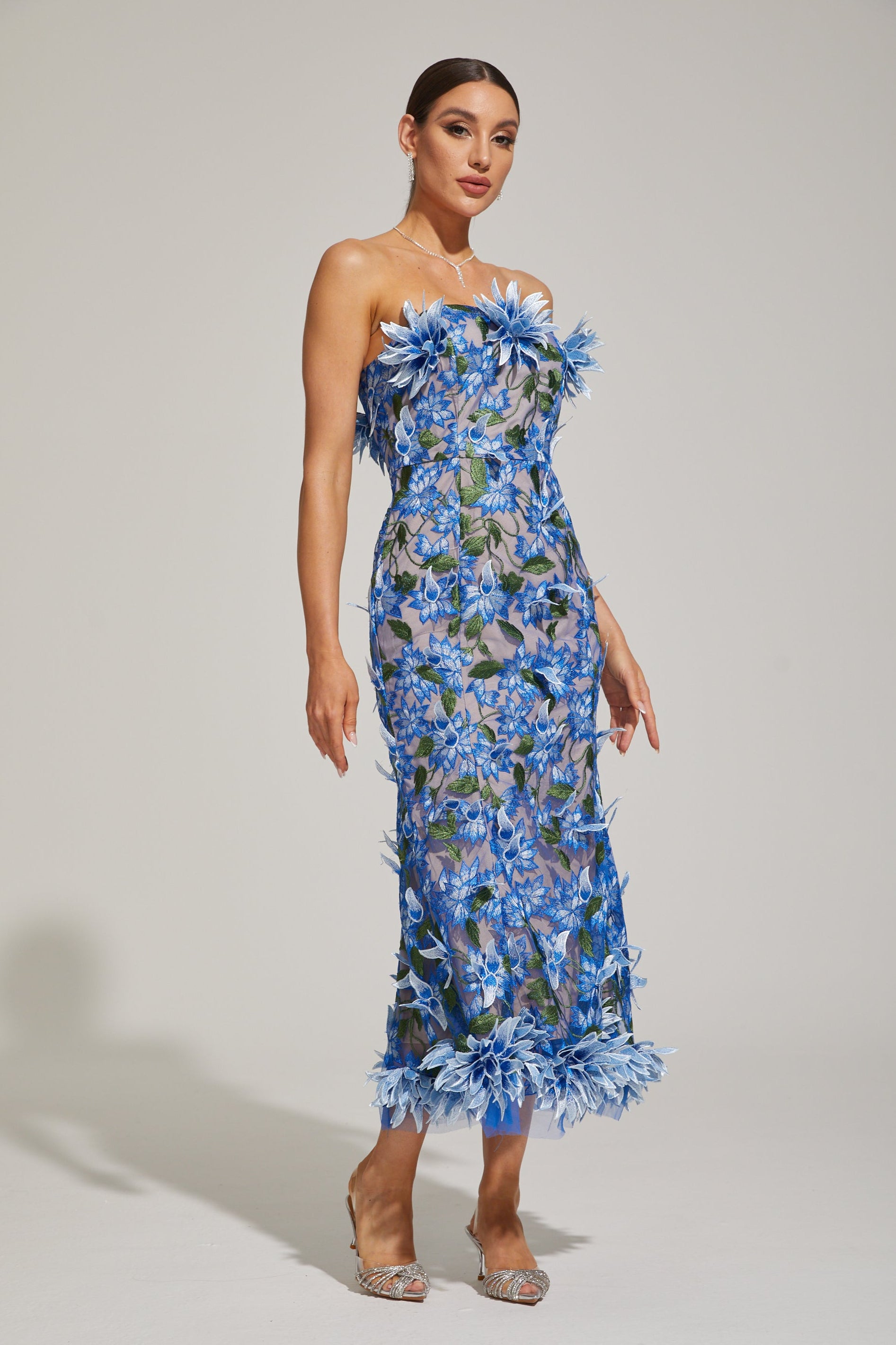 Aitana Azure Floral Strapless Embroidered Midi Dress