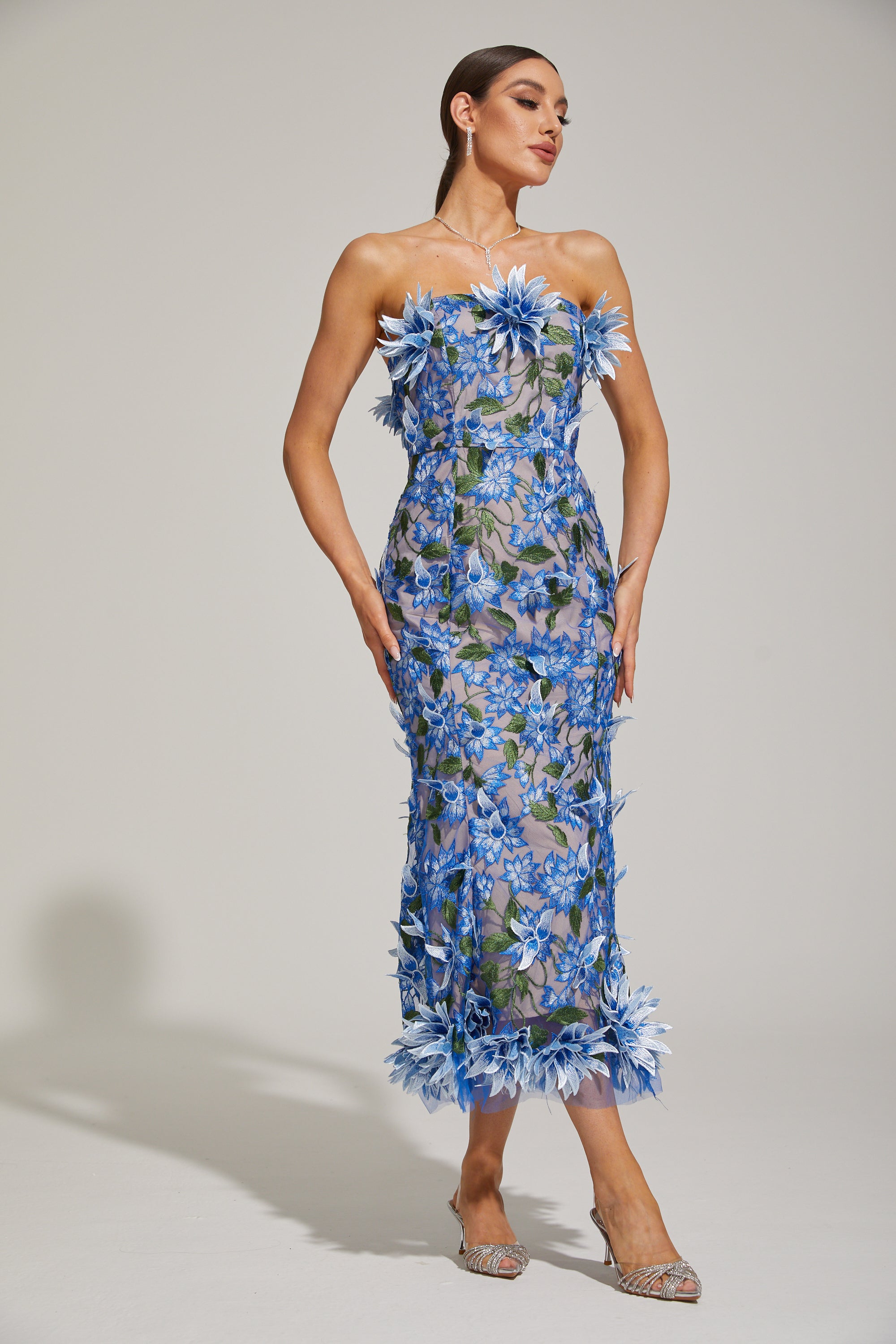 Aitana Azure Floral Strapless Embroidered Midi Dress