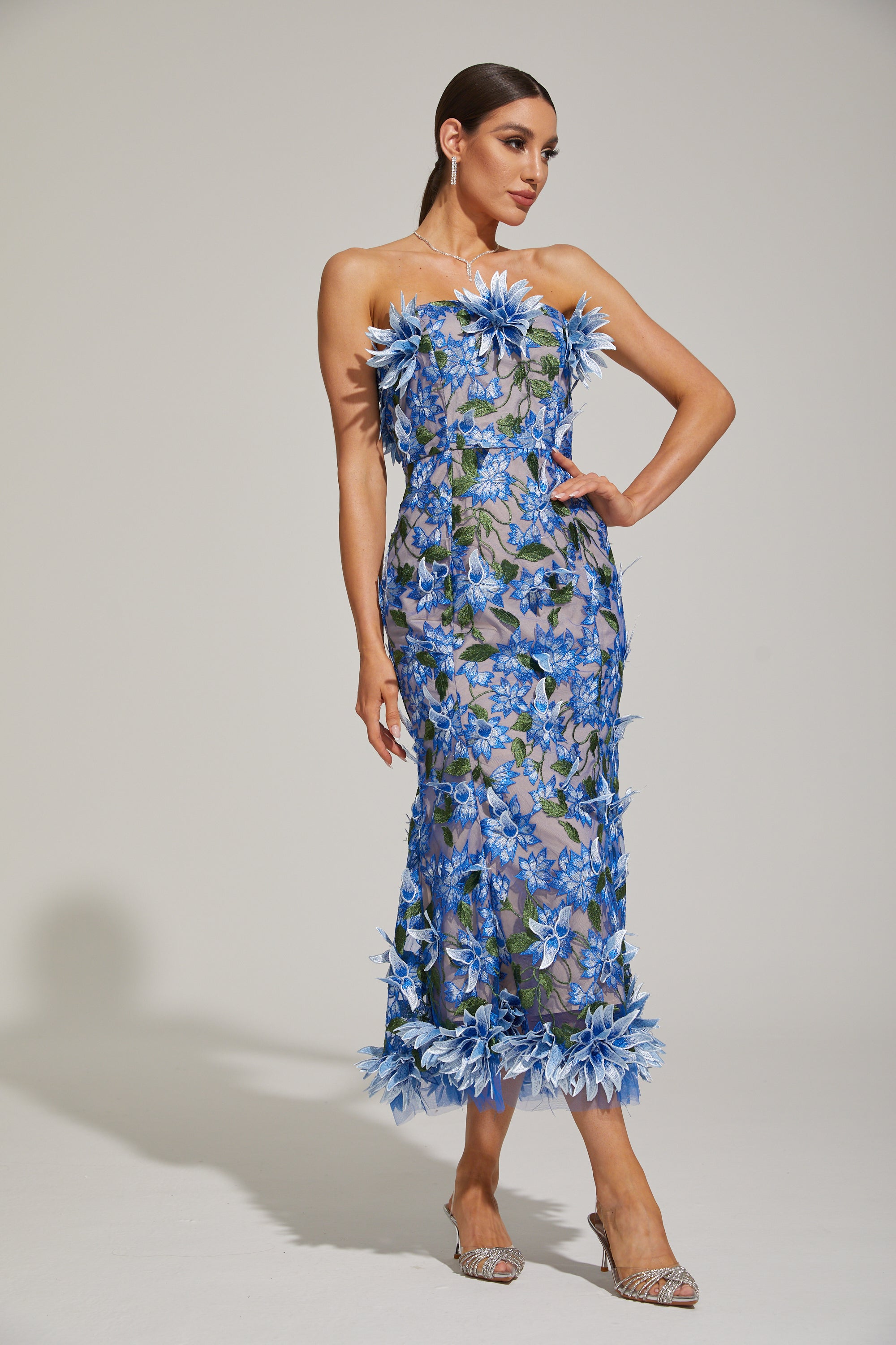 Aitana Azure Floral Strapless Embroidered Midi Dress