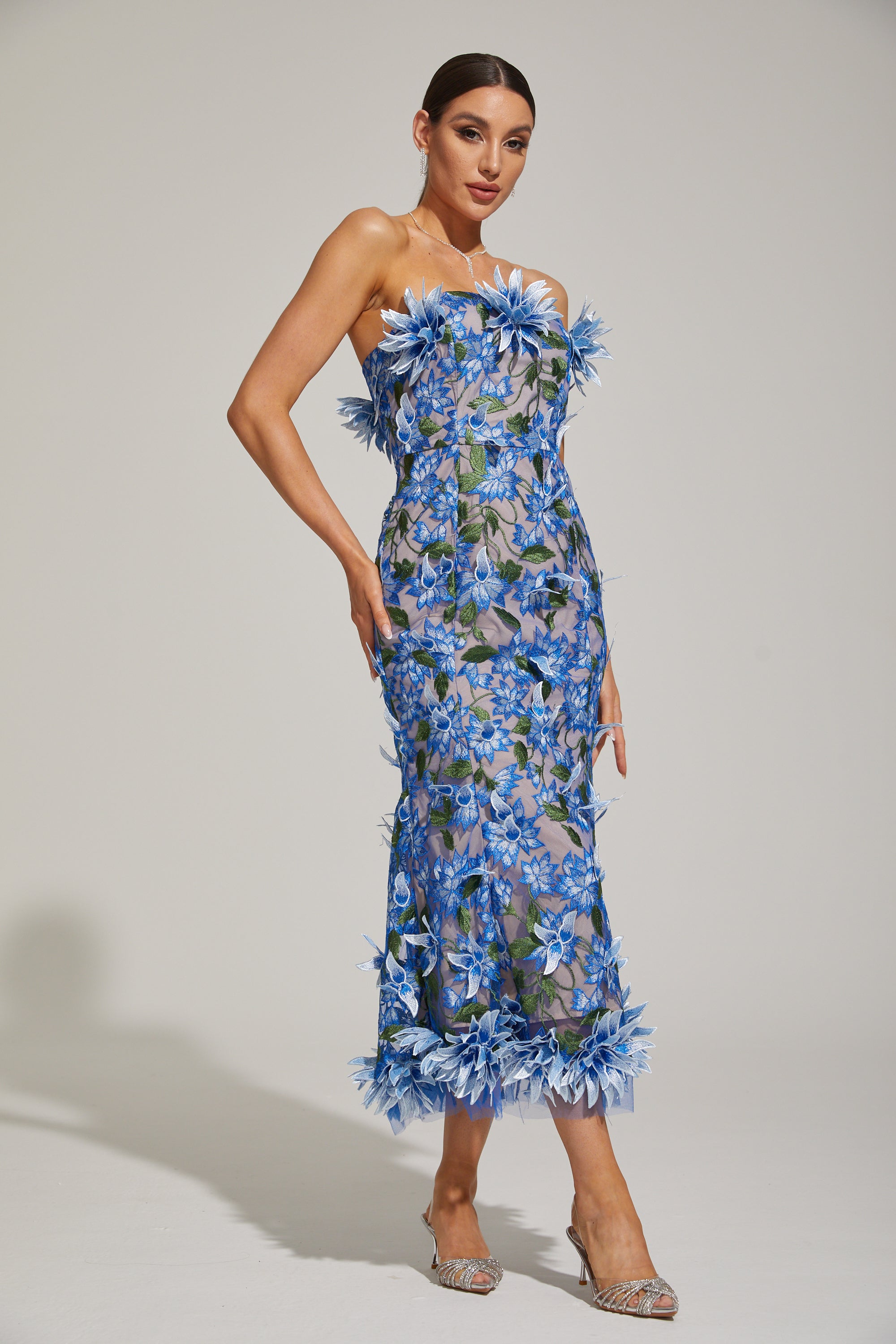 Aitana Azure Floral Strapless Embroidered Midi Dress